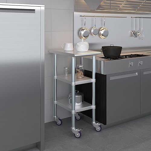 Miniatura 30 de AmGood Mesa de trabajo de acero inoxidable con 2 estantes y ruedas Mesa de trabajo de metal con ruedas