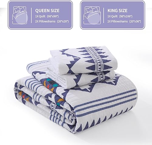 Miniatura 5 de Colcha bohemia tamaño King  Colcha ligera de 100% algodón con 2 fundas de almohada, 3 piezas con diseño geométrico azteca para todas las estaciones
