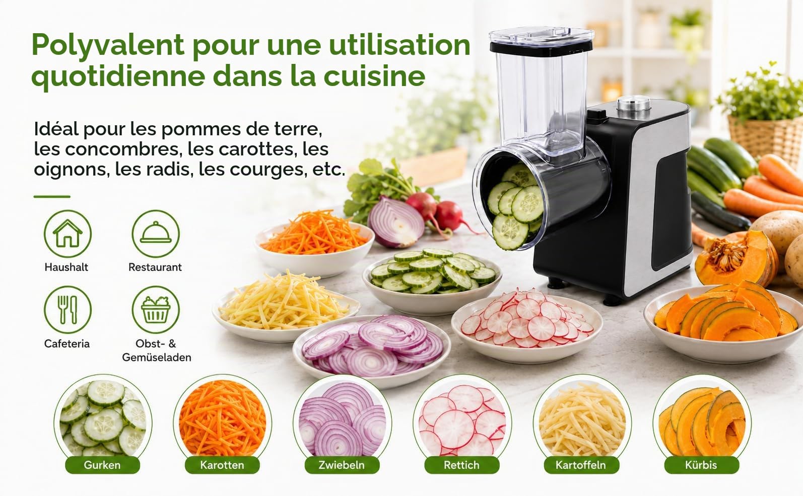 1000W Râpe a Légumes Électrique Avec 10x Lames en acier inoxydable, Découpe Légumes Électrique pour Carottes, Fromage,Concombre,Oignons (Noir)