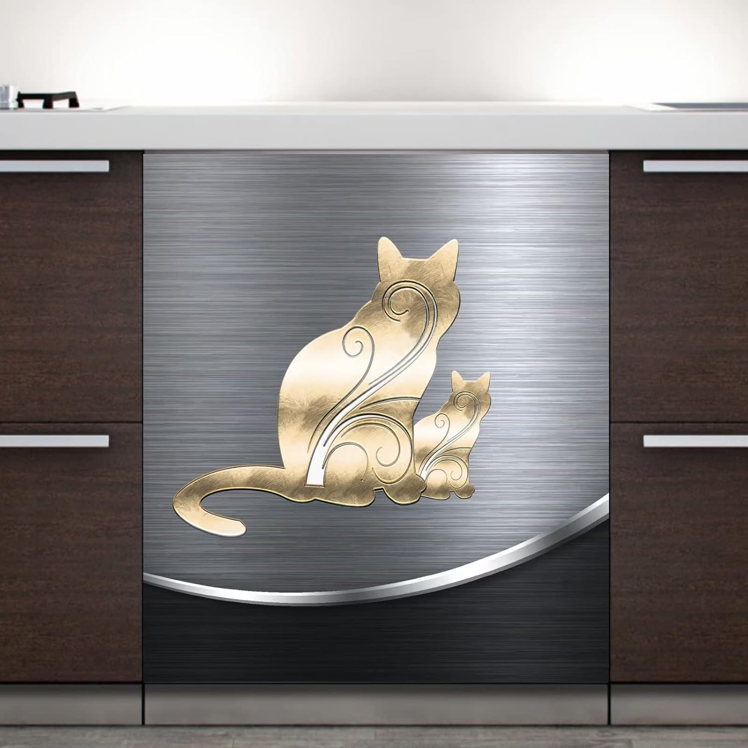 Metal Style Dishwasher Cover,Cat Dishwasher Magnet Decor Front Door Dishwasher Sticker,Polishing Metal and Cat,Refrigerator Door Panel 23x26inch