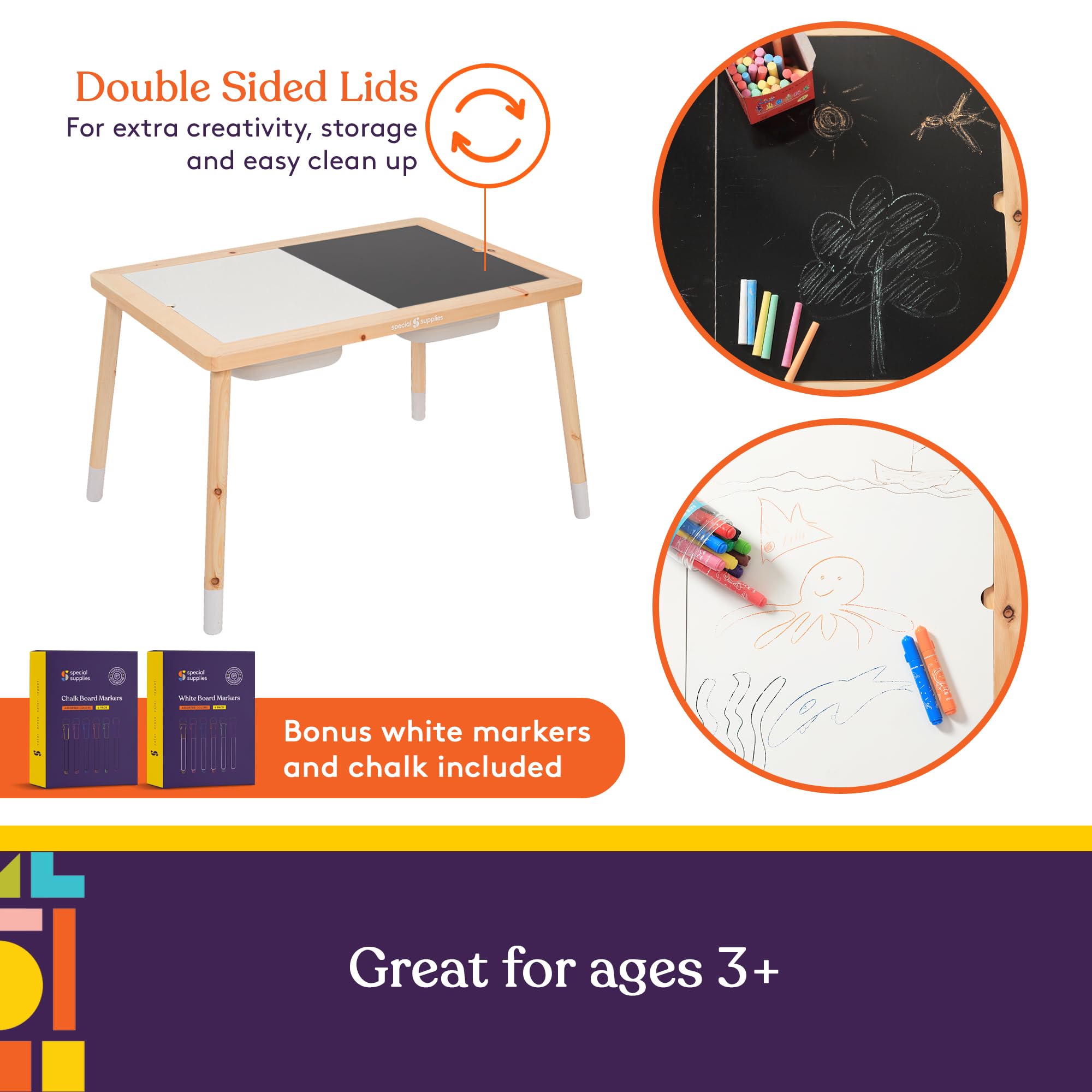 Special Supplies Kid’s Sensory Table Set with Deep Water and Sand Bins, Writable Lids, Chalk and Dry Erase Markers for Active, Hands-On Learning, Fun Play, Arts and Crafts - Pine Wood (2 Bins)