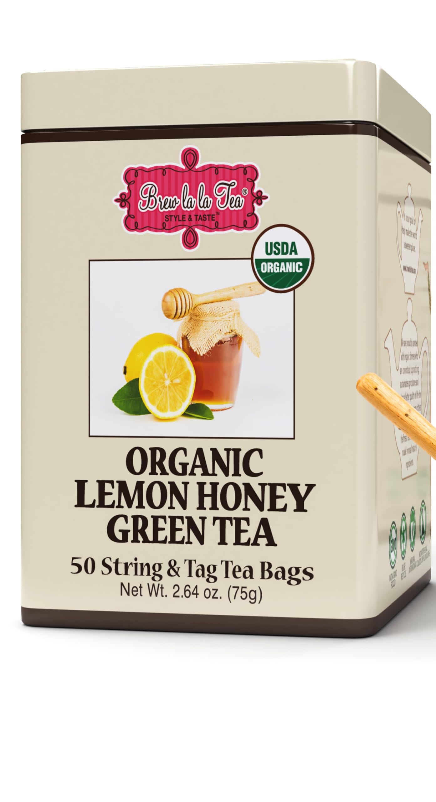 Brew La La Organic Green Tea -Lemon Honey Flavor - 50 Double Chambered Teabags - Low Caffeine - USDA Certified OrganicUSDA Organic