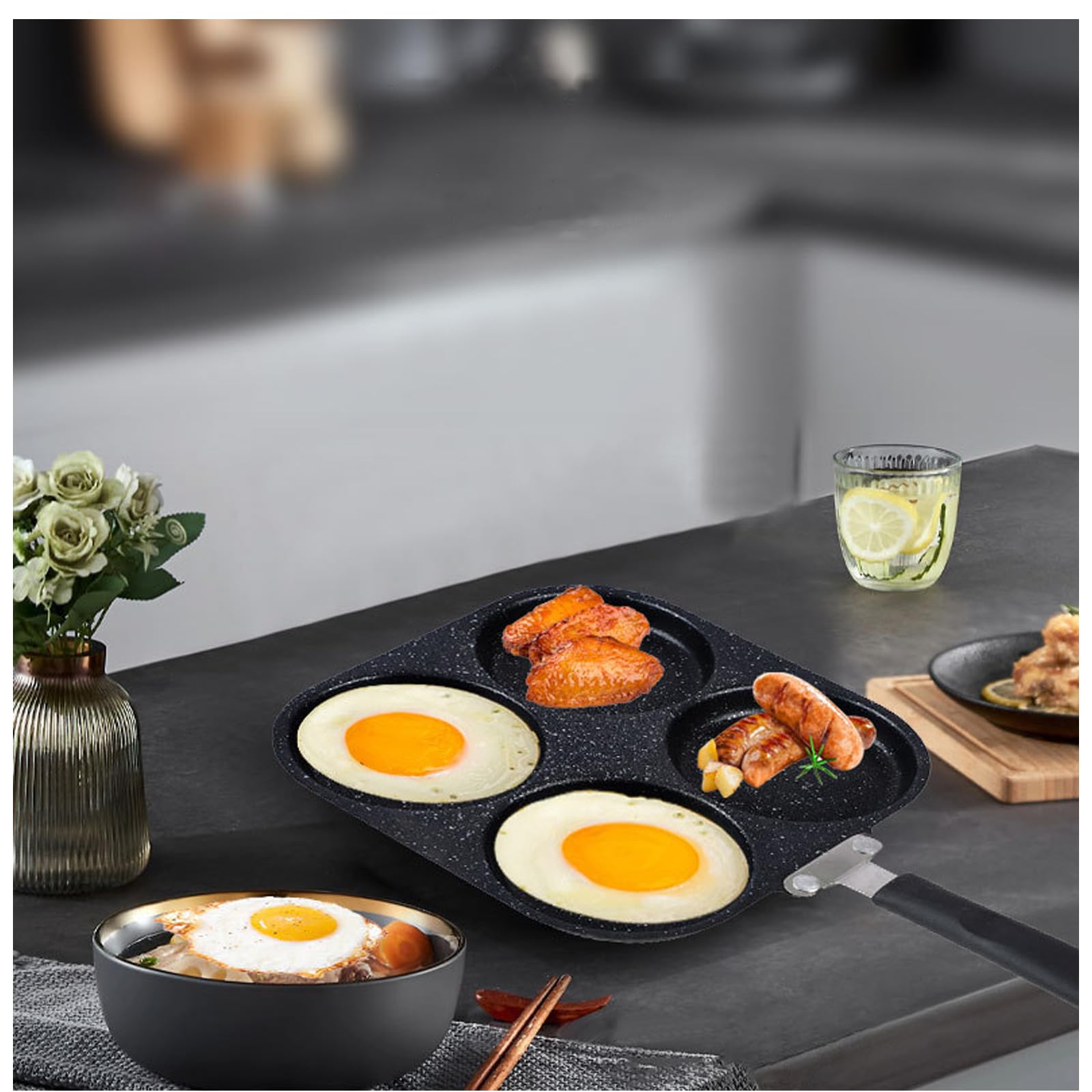 Spiegeleipfanne, 4 Tassen, Omelettpfannen, antihaftbeschichtet, vielseitige Frühstückspfanne, Omelettpfanne, Aluminiumlegierung, Eierkocher für Eier, Pfannkuchen, Plett, Crepes, kompatibel