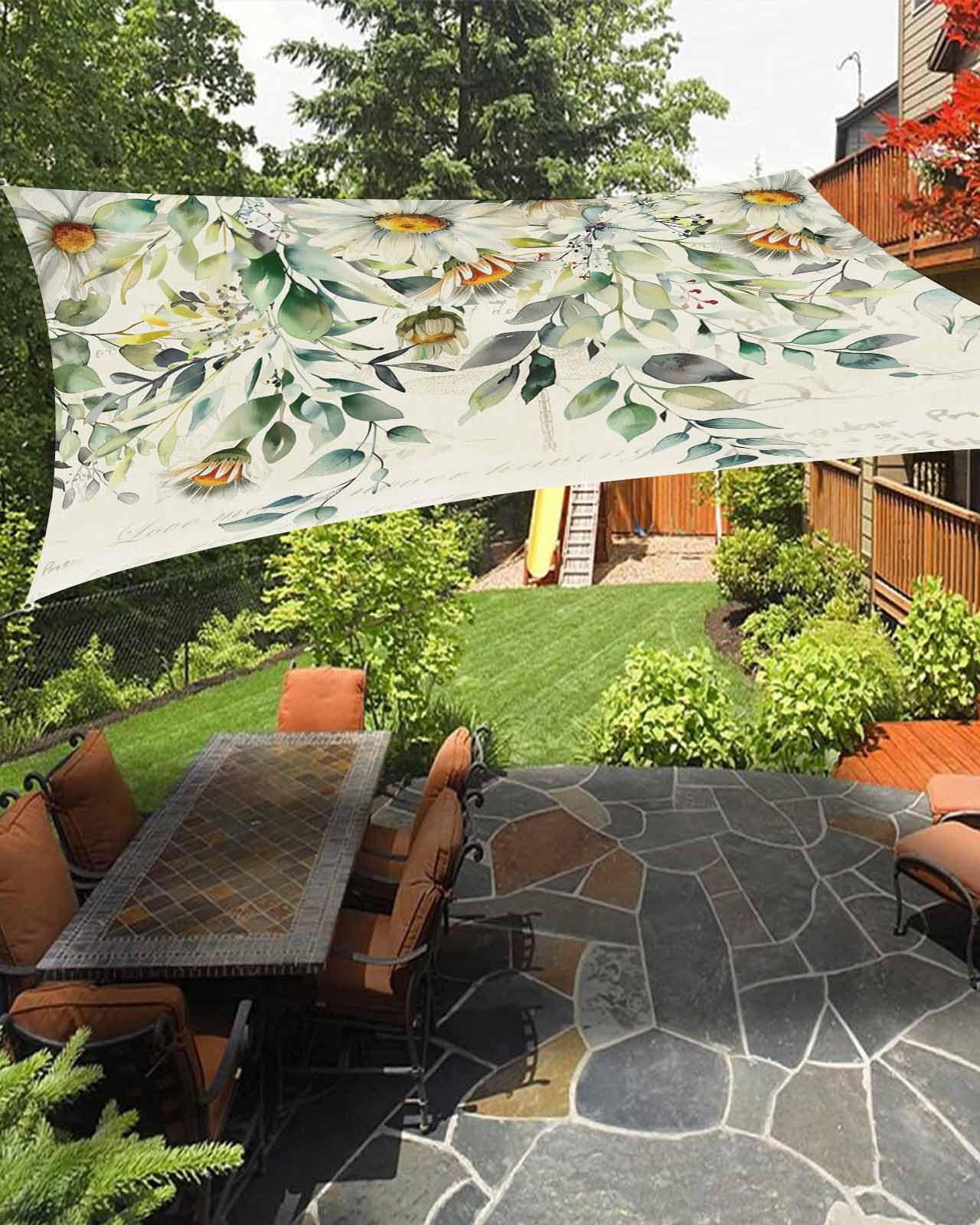 Sun Shades Outdoor Patio Covers for Shade & Rain, White Daisy Sun Sail Shades Waterproof, Flower Sage Green Eucalyptus Leaves Vintage Sun Shade Sail UV Protective for Backyard/Pool 6.5x10 ft