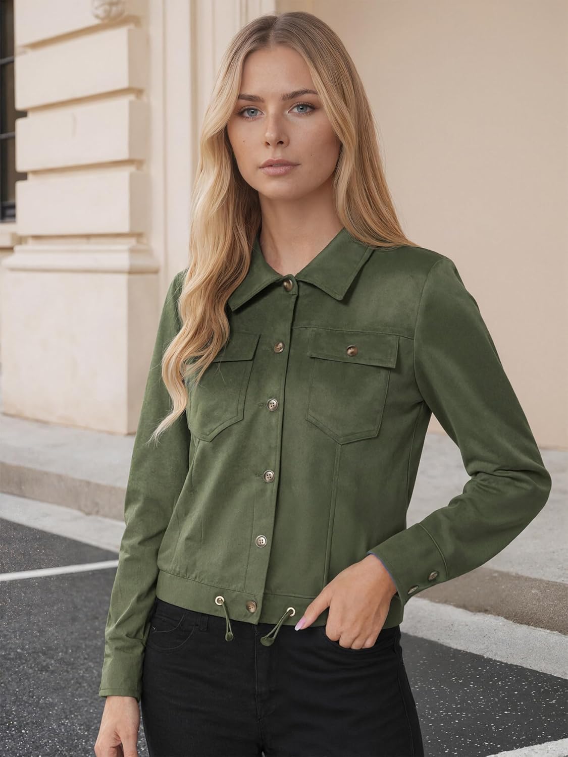 Allegra K Women's Faux Suede Jacket Button Down Collar Cropped Biker Motorcycle Jacket Fall Winter Coat - Image 2