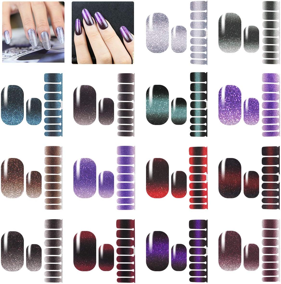 14 Sheets Nail Strips Glitter Gradient - Adhesive Color Stickers Shine Decal Nail Wraps False Nail Art Design Manicure Set with 1 Nail File, Gel Nail Polish Strips for Women Girls