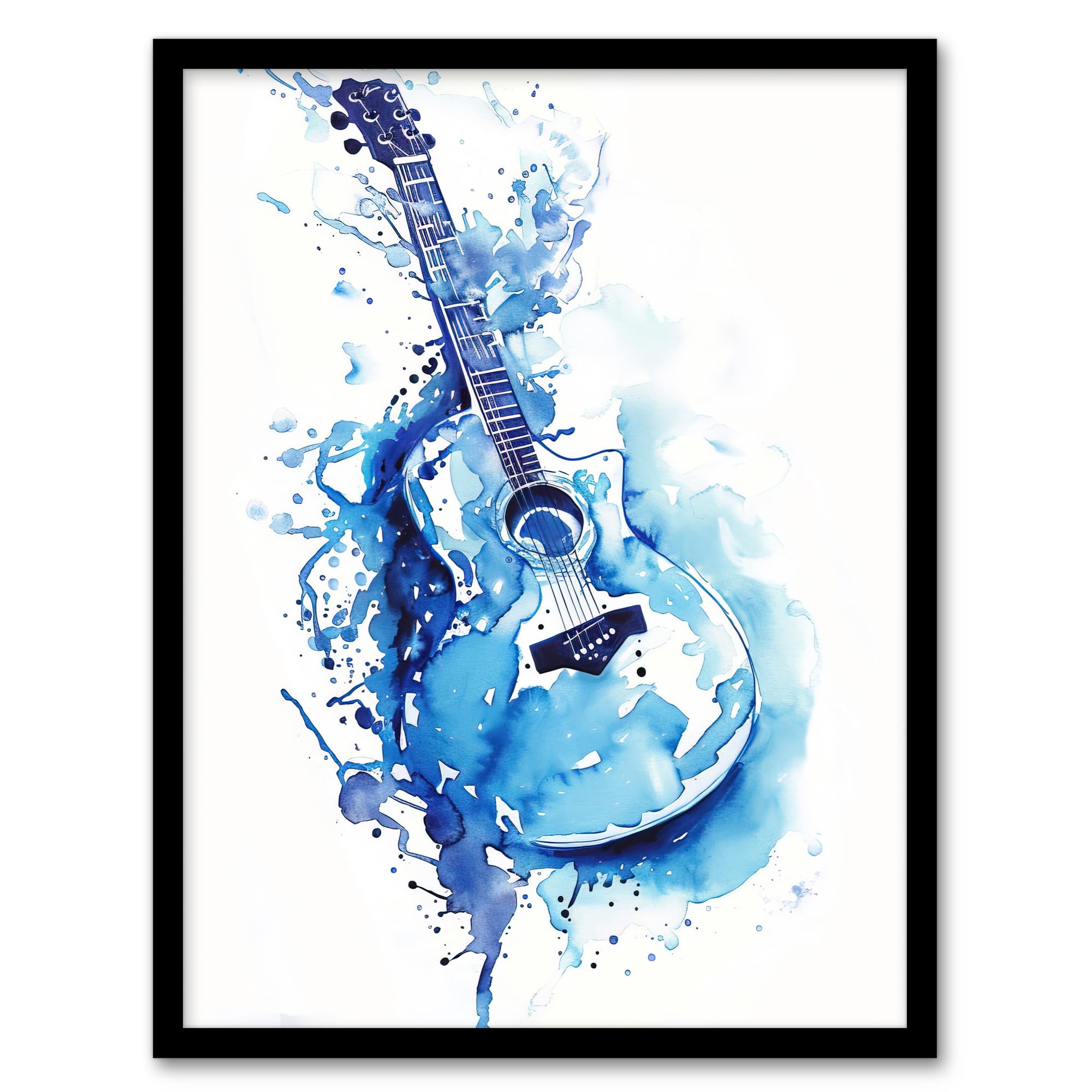 Artery8 Abstract Music Guitar Blue Watercolour Splat Living Room Artwork Framed Wall Art Print 18X24 Inch