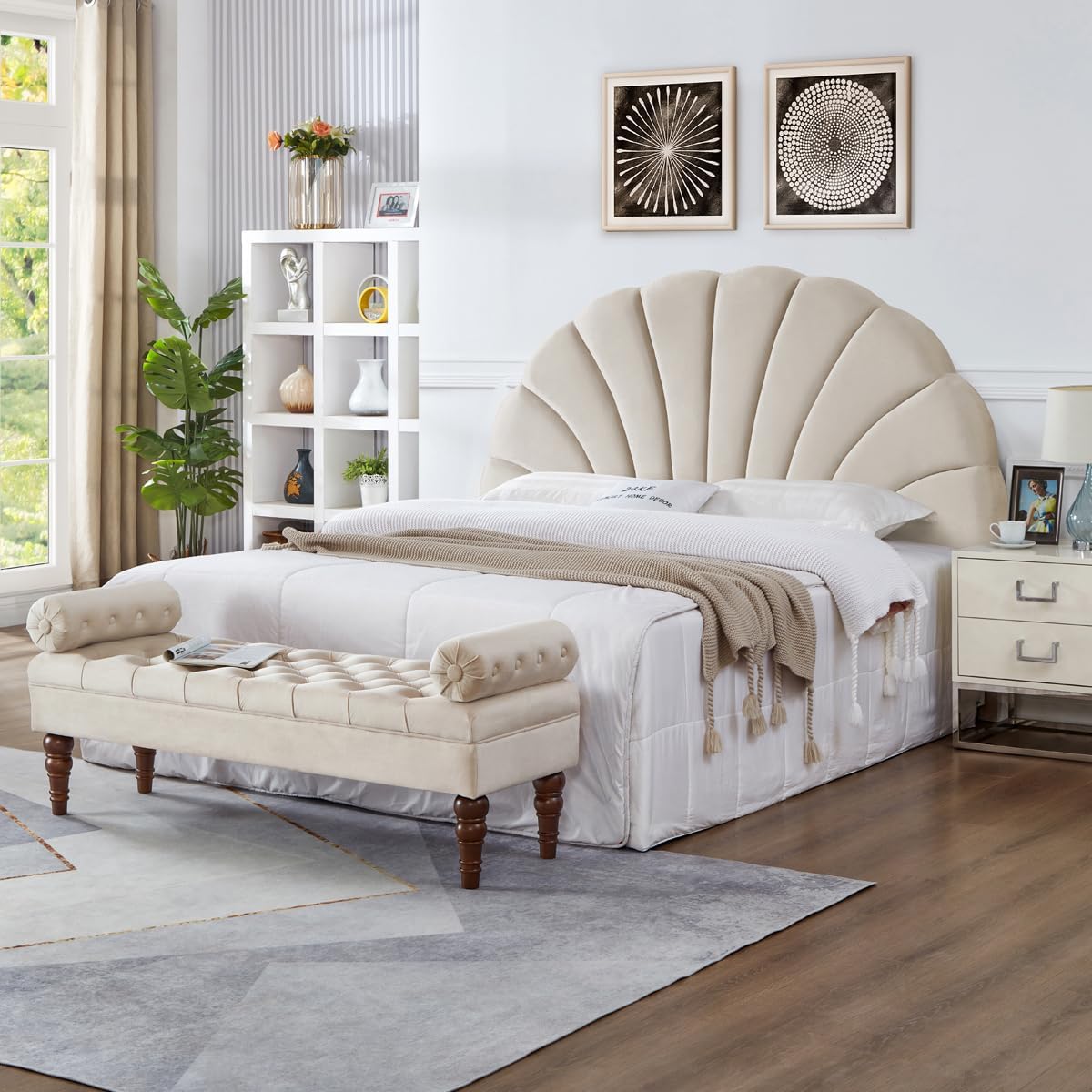 24KF Stunning Crown Design King Headboard, Upholstered Soft Velvet Petal Pattern Headboard King/CA King-Beige