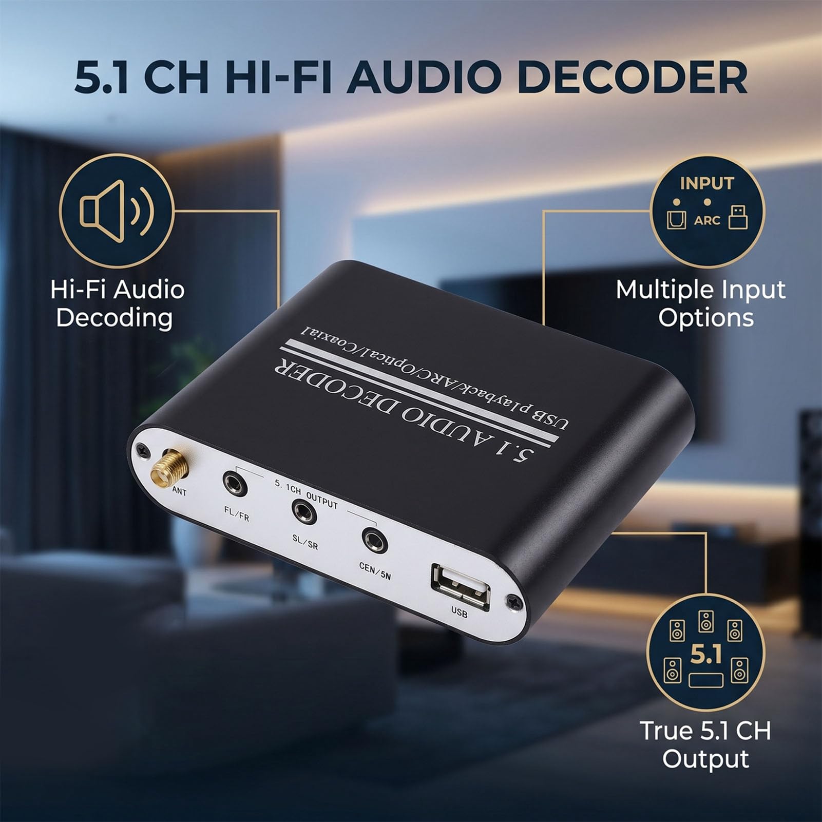 Décodeur Audio Numérique 5.1 Avec Bluetooth 5.0, USB, ARC, Convertisseur Audio Optique/Coaxial, Compatible DTS, AC3, WAV, FLAC, APE, MP3, Fonction Mémoire (Prise UE)