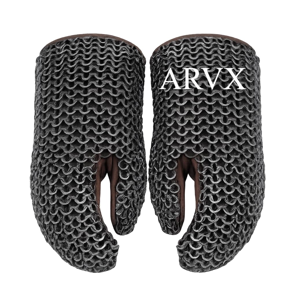Mild Steel Flat Riveted Chainmail Gloves, 9mm 18 Gauge, with Red Leather Knitted Mittens, Medieval Armour Gauntlets, Large, for LARP SCA