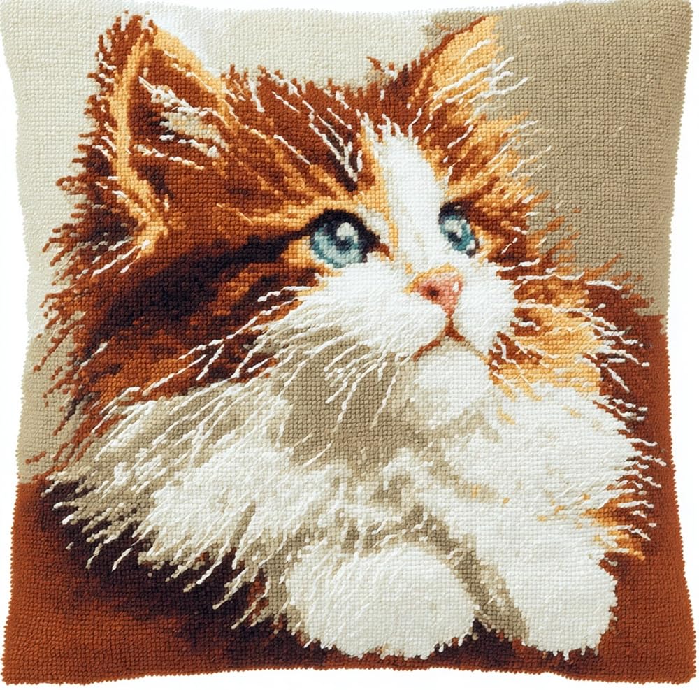 FWRTYCB Latch Hook Kits Pillow Brown White Cat Scottish Crochet Yarn Hooki