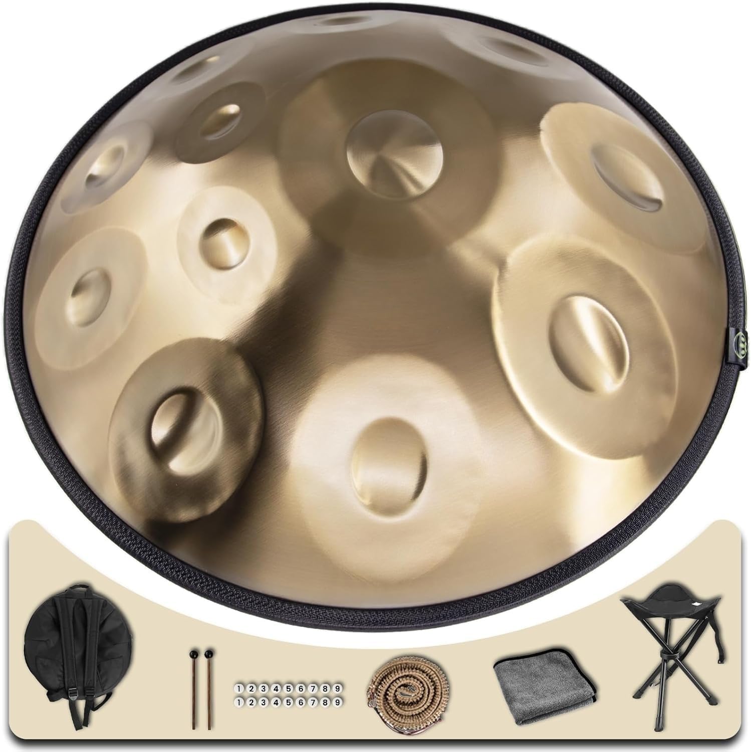 PERLMAN 14-Note Handpan Drum, 22-Inch D Kurd (440 Hz), Adult Handpan with Padded Bag, 2 Mallets, Foldable Stand, Dust-Free Cloth (Gold Finish)-image-45