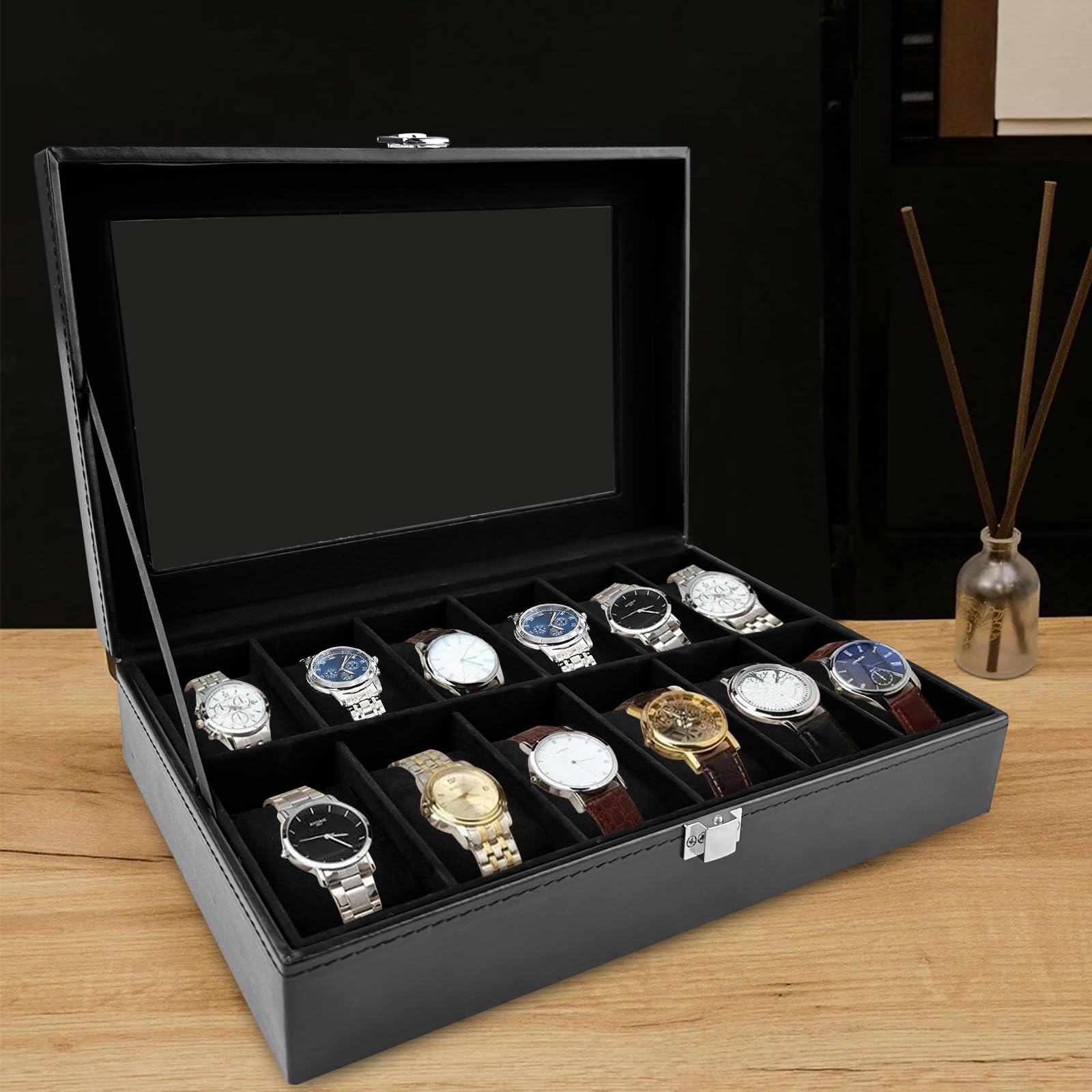Caja de Relojes con 12 Compartimentos, Soporte de Exhibición con Tapa de Cristal, Almohadilla Extraíble