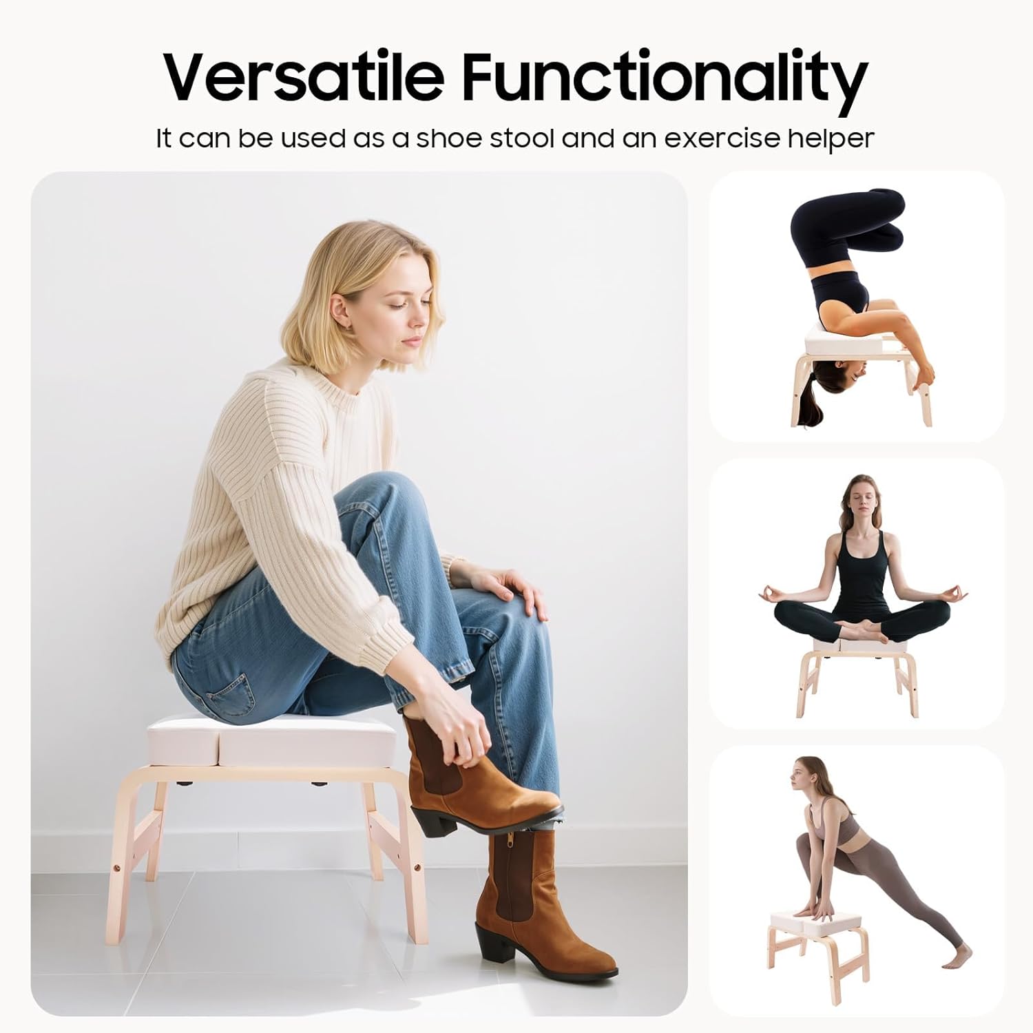 Yoga Headstand Stool, Solid Wood Yoga Inversion Bench with Detachable T-Shaped Block – Meditation Bench with Sponge Seat for Yoga Waist Leg Exercises, Heavy Duty 440 lbs Capacity