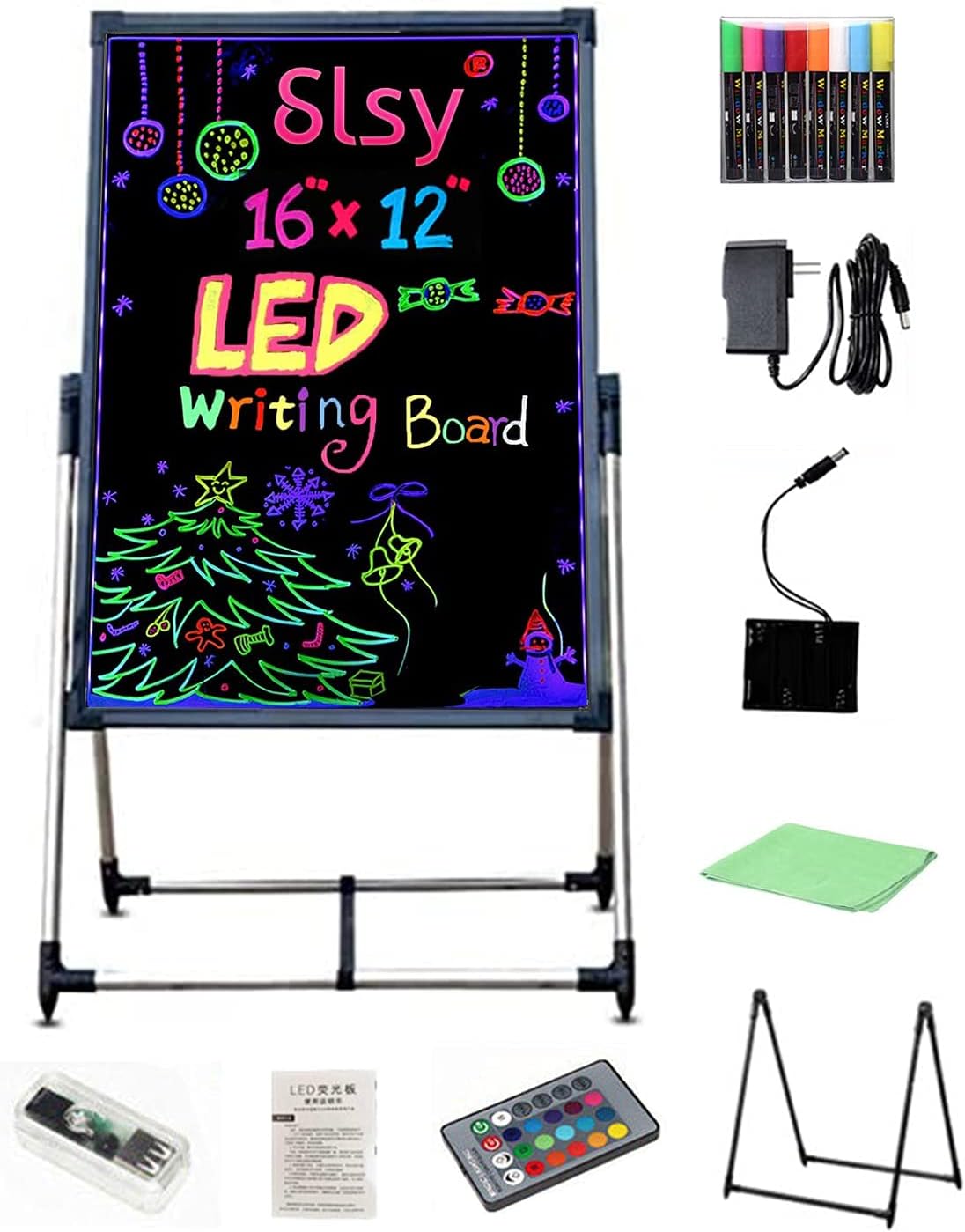 Padom Illuminated LED Message Writing Board, Erasable Neon Effect Menu Sign Board with 8 Fluorescent Makers Remote Control,12Colors Flashing Modes Light Up Board (60 X 80 CM)