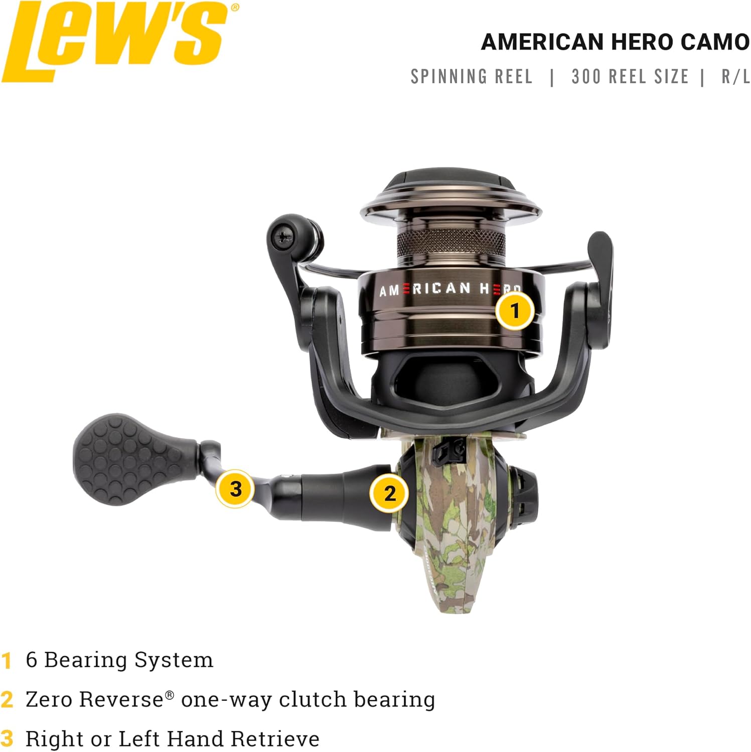 Lew’s American Hero Camo Spinning Fishing Reel, 5+1 Bearings, 6.2:1 Gear Ratio, One-Piece Graphite Frame, Oiled Felt Multi-Disc Drag, Interchangeable Retrieve, Camo/Black