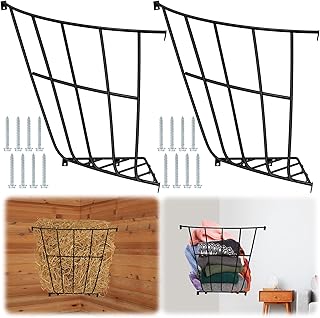 Zonon 2 Pcs Corner Hay Rack Slow 25.1 x 27.9 x 7.87 Feeding Horse Hay Feeder Metal Basket for Blankets Space Between Bars Wall Mounted Rack Holder for Livestock Goat Indoor Outdoor Uses