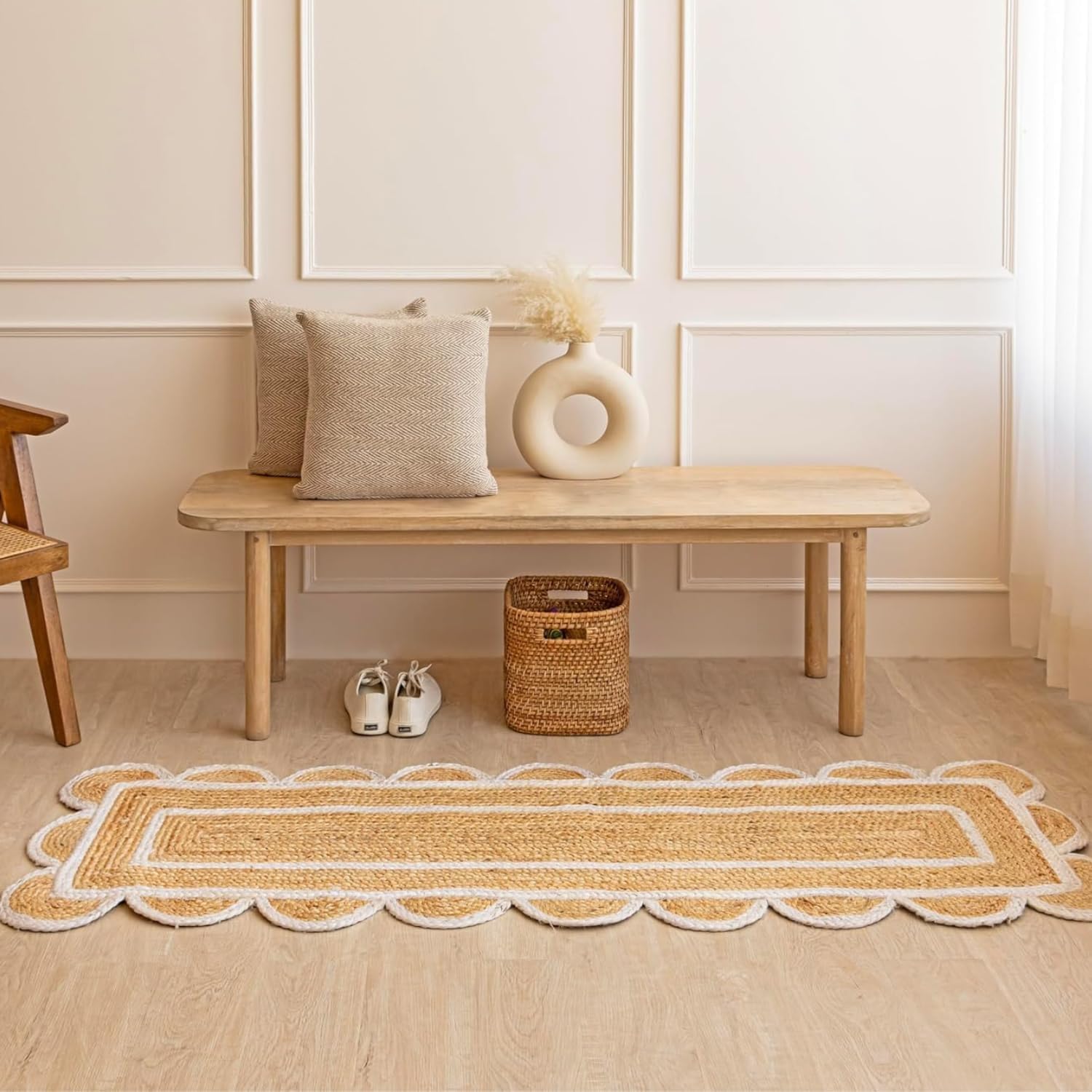 HOMEMONDE Scalloped Braided Jute Runner Rug 2x6 ft - Rustic Natural Fiber Area Rug Vintage Handwoven Indoor Carpet for Entryway, Kitchen, Bedroom, Living Room