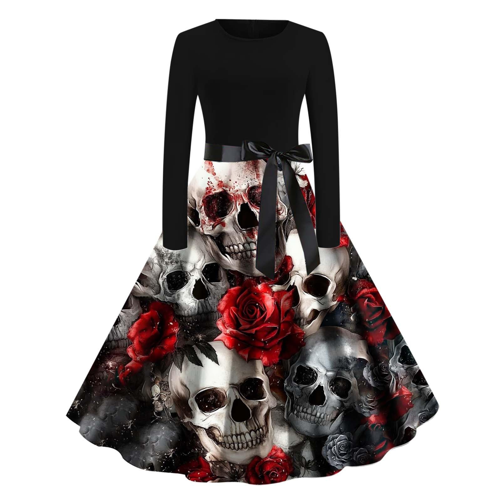 HAOLEI Halloween Costumes Adult Women, Ladies Halloween Dress Retro Pumpkin Skeleton Print Long Sleeve A Line Swing Dress Black Vintage Skull Witch Rockabilly Party Cocktail Novelty Dresses