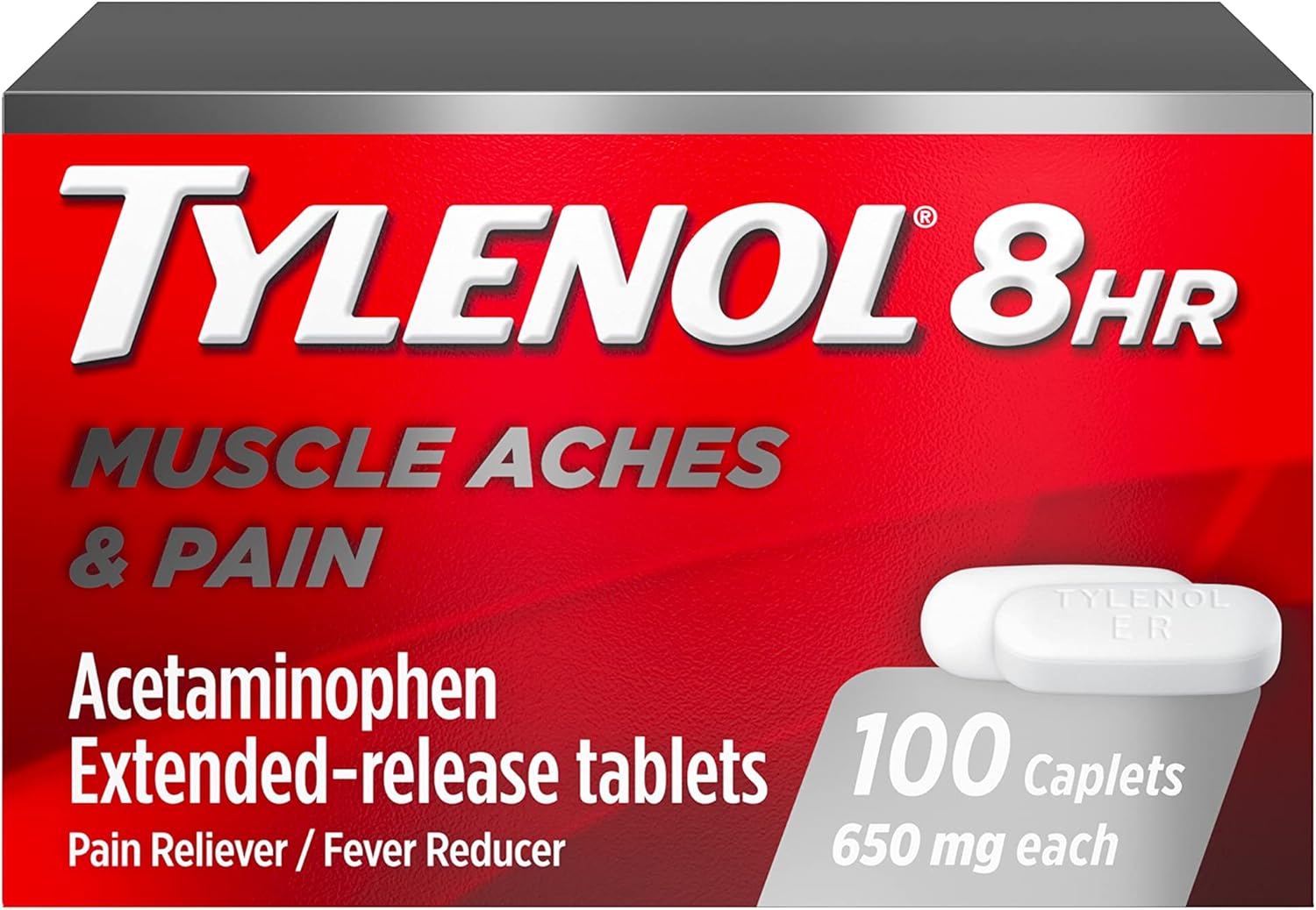 (BBD:2/24)Tylenol 8 Hour Muscle Aches & Pain, 650 mg Extended-Release Acetaminophen Tablets for Muscle and Joint Pain, Bi-Layer Design for Quick and Long Lasting Relief, 100 Count 100 Count (Pack of 1)
