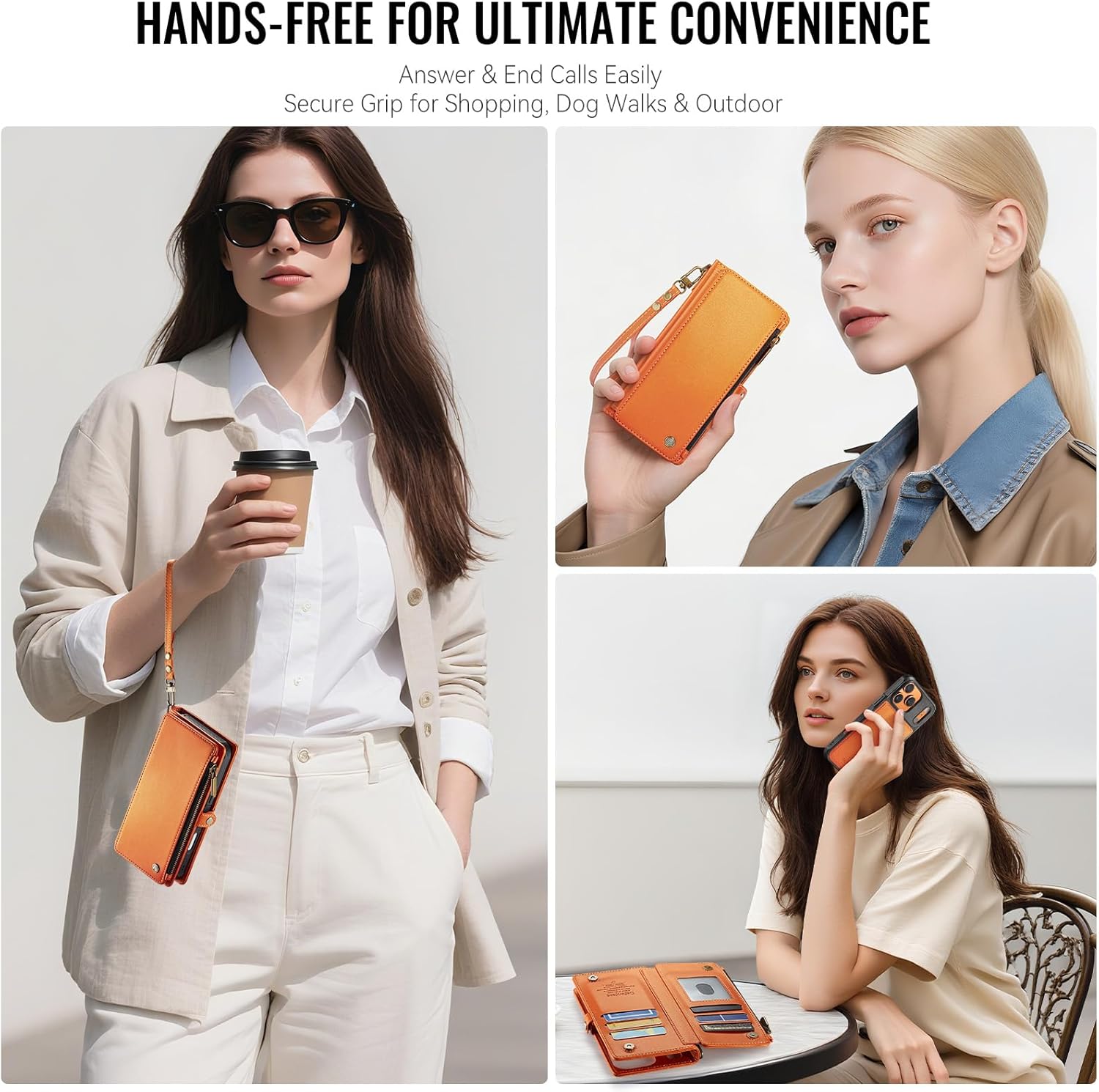 Defencase for iPhone 17 Pro Magnetic Wallet Case Compatible with Magsafe with RFID Blocking Zipper & Card Holder for Women Men PU Leather Strap Detachable Case for iPhone 17 Pro (6.3 inch), Orange - Image 6