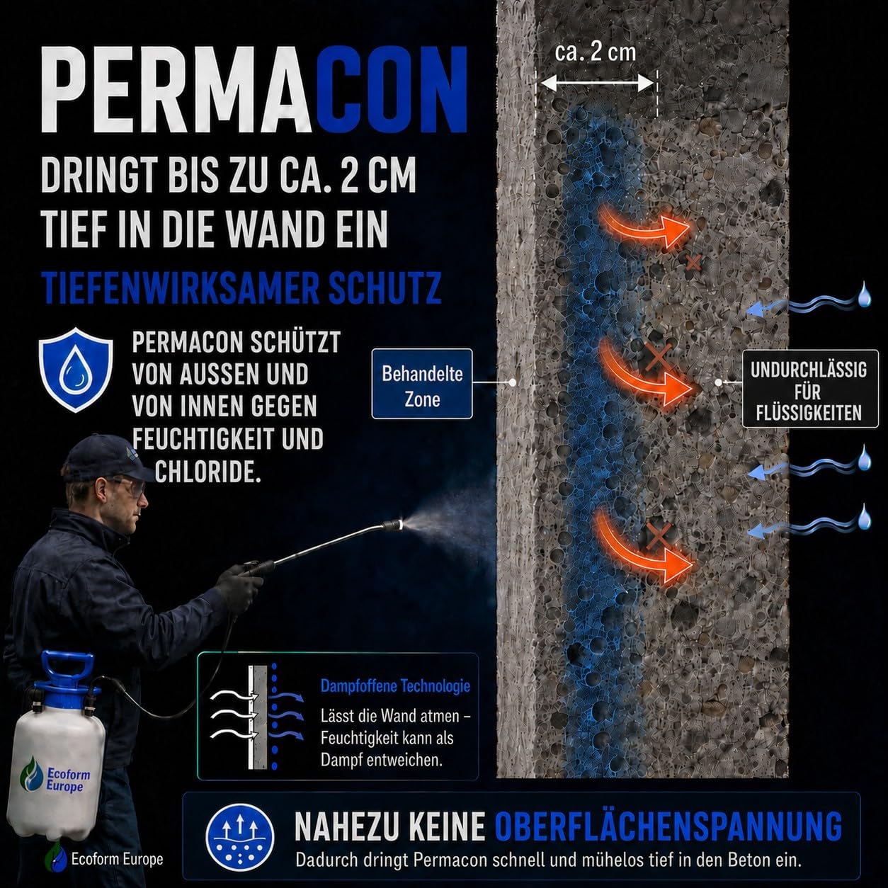 Ecoform Permacon Betonversiegelung 5 Liter - Transparente Wasserdichte Beschichtung für Beton & Stein - permanenter Feuchteschutz Innen & Außen