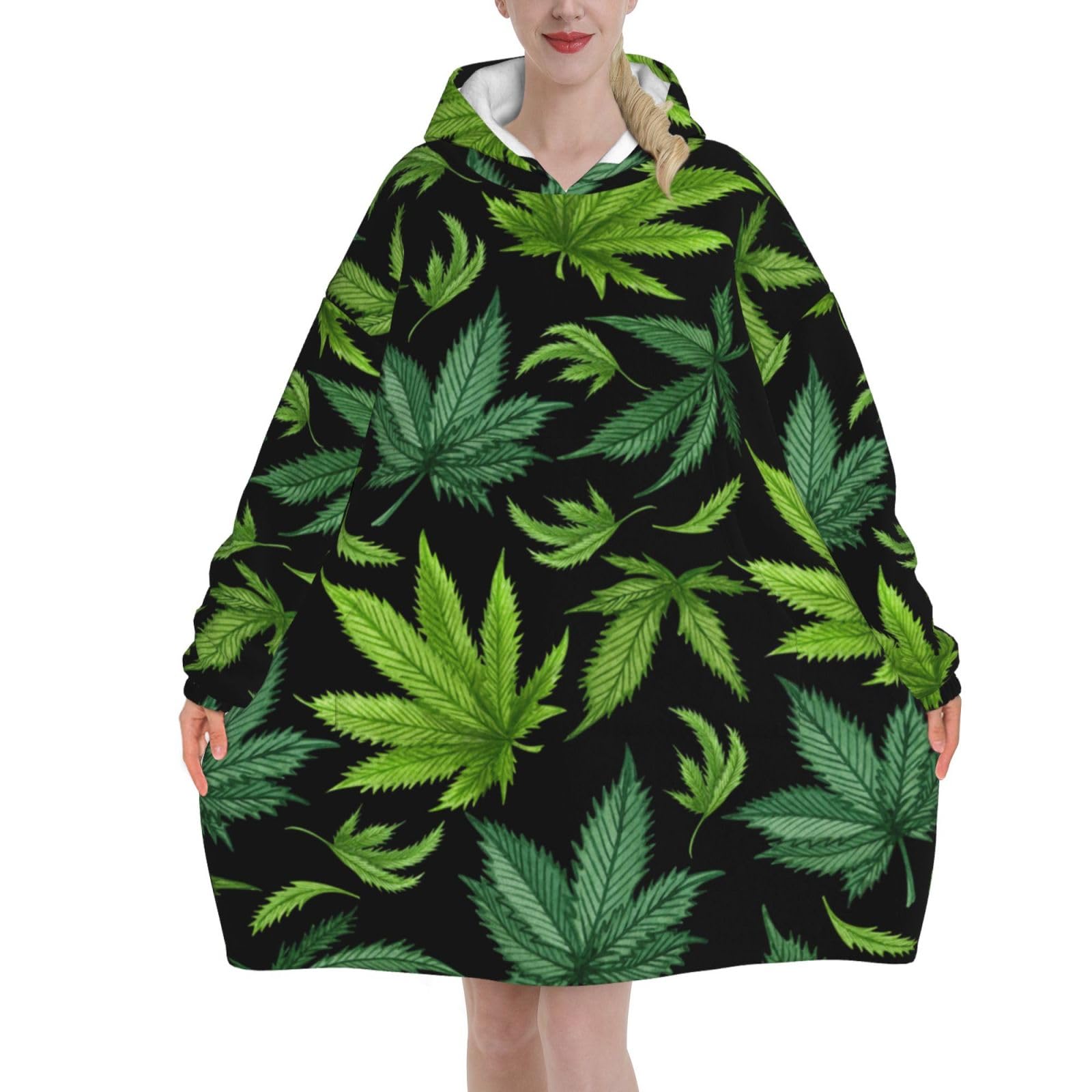 Yxdvpalne Unisex As Picture Watercolor Green Weed Leaf Oversized Women's Wearable Blanket Hoodie, Flannel Pullover Blanket, Blanket Sweatshirt