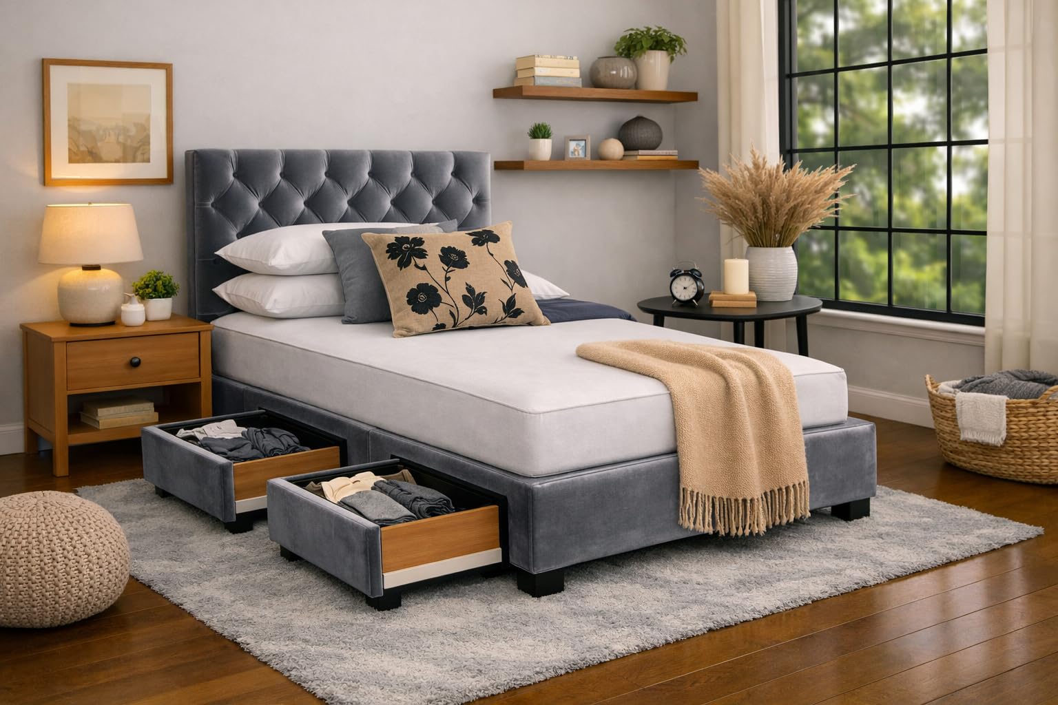Divan Bed with Mattress | Single 3FT | Choice of Colours | 2 Storage Drawers | Toronto Headboard | Bed Frame with Mattress Included (Steel Plush Velvet)