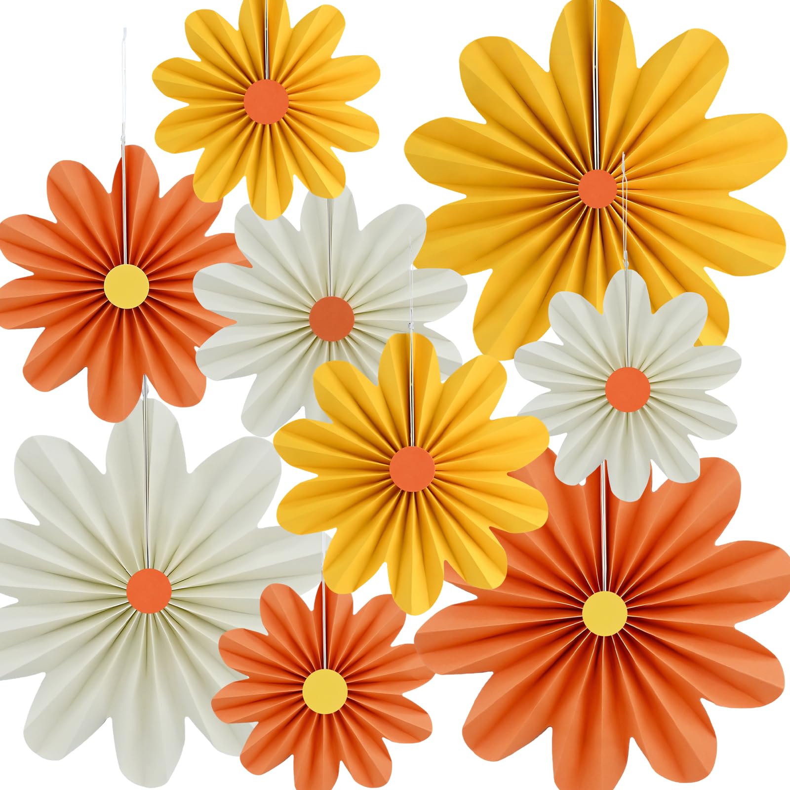DRERIO ペーパーファン 雛菊 9枚セット 紙製 夏 飾り付け ペーパーフラワー デイジ 20cm /25cm /35cm 3サイズ ペーパーフラワー 扇フラワー 飾り付け 春 夏の雰囲気装飾 夏の飾り 自然な色調 パーティーのデコレーション 結婚式/記念日/母の日 写真背景 部屋 店舗装飾（オレンジ/イエロー/ホワイト）
