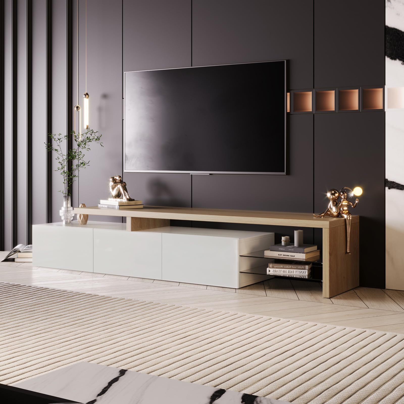 TV Ark, práctico espacio de almacenamiento de madera, consola de TV con 3 armarios e iluminación LED, aspecto brillante, estantes de cristal integrados, mueble de TV elegante y práctico
