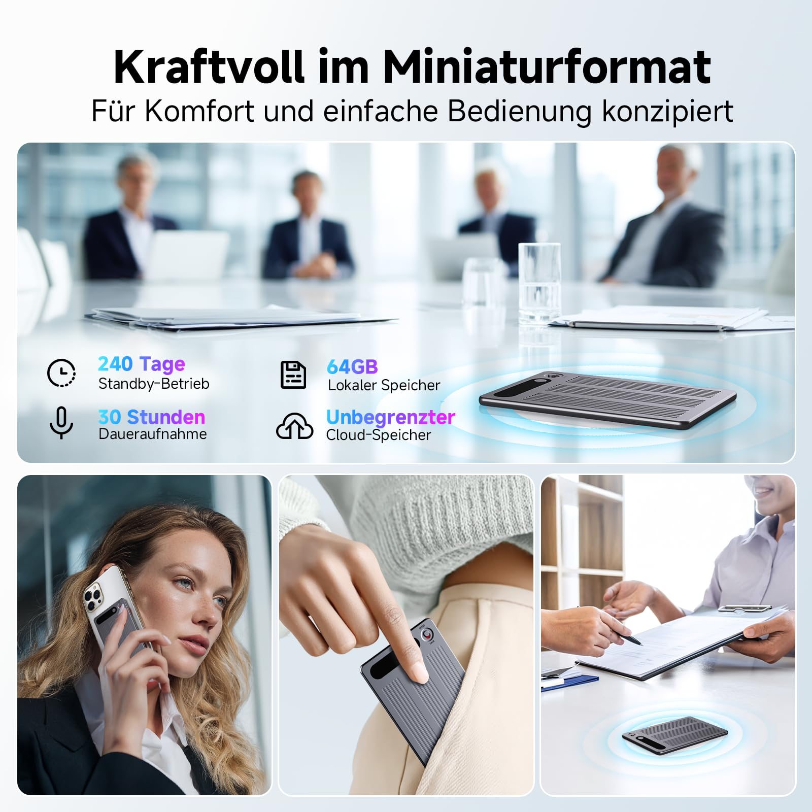 KI Digitales Diktiergerät 64GB, mit Transkribieren und Zusammenfassen | One-Touch-Aufnahme, 80+ Sprachen Übersetzung, Voice Recorder Für Meetings/Interviews/Klassen/Telefonate (mit schwarzer Hülle)