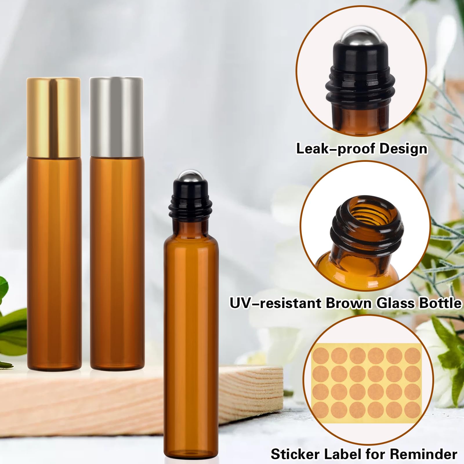 Roll On Vuoto 10ml Marrone Bottiglie a Rulli di Olio Essenziale, Sfera In Acciaio Inox per Aromaterapia - 10 Pezzi