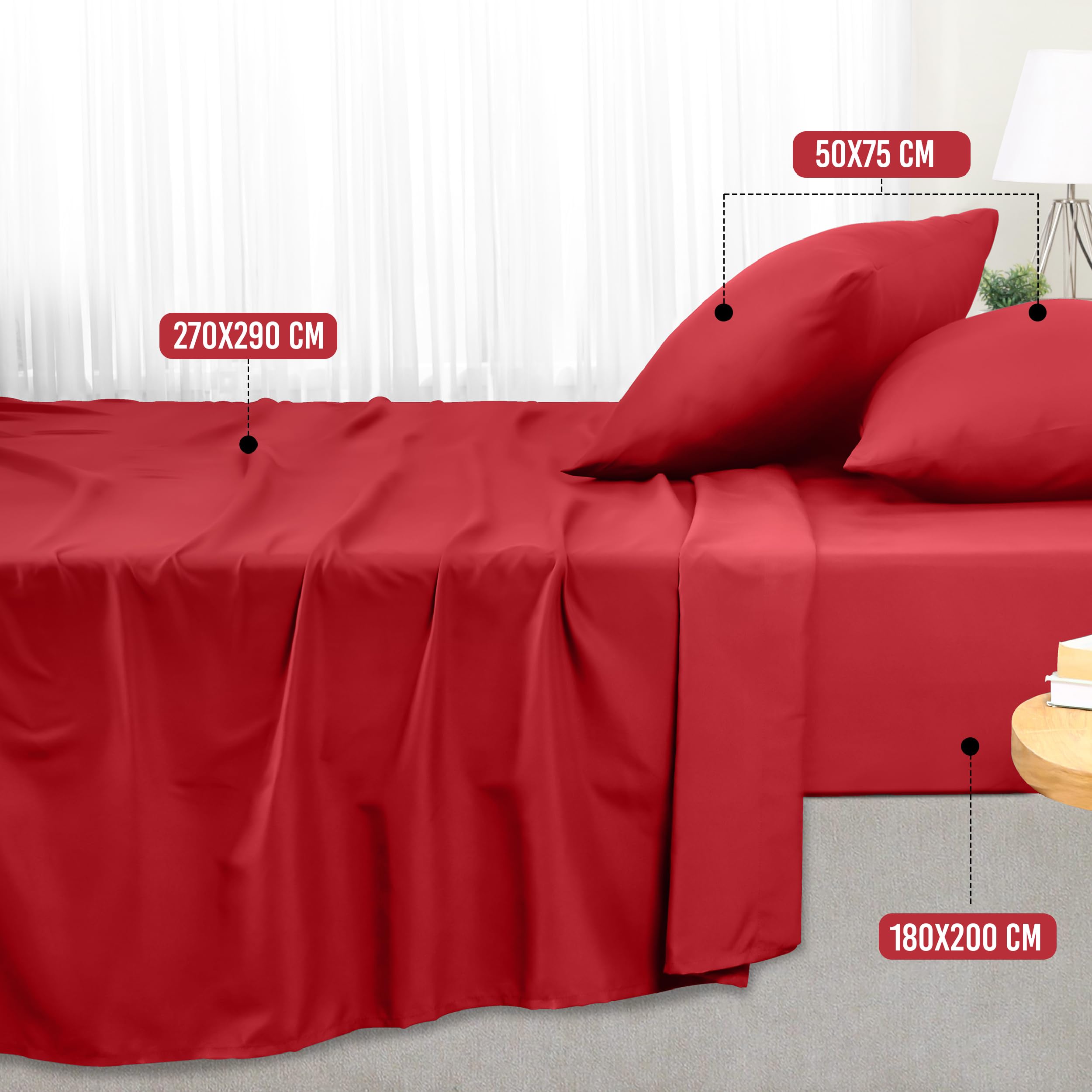 Utopia Bedding - Set Lenzuola Letto Matrimoniali 4 Pezzi 180x200 cm - Spazzolata Poliestre di Microfibra - Oeko-Tex Certificato - Lenzuolo con Angoli, Lenzuolo Piatto e 2 Federe 50x75, Rosso