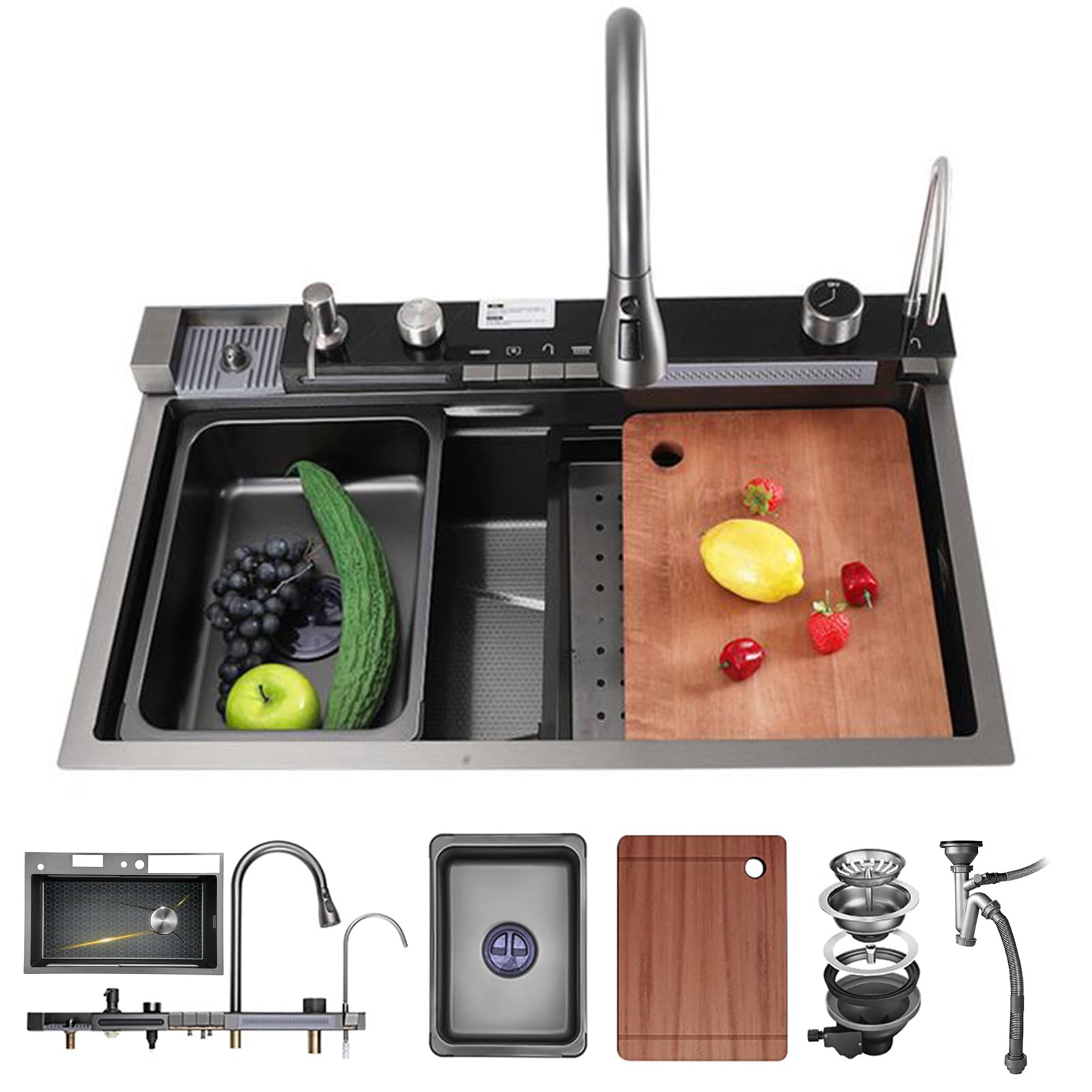 ZQFHSX Elegant Dual Waterfall Outlet Kitchen Sink with LED Display Faucet- Spacious Workstation, Pull-Down Sprayer, Stainless Steel, Cup Washer & Essential Accessories, Black-Grey Finish