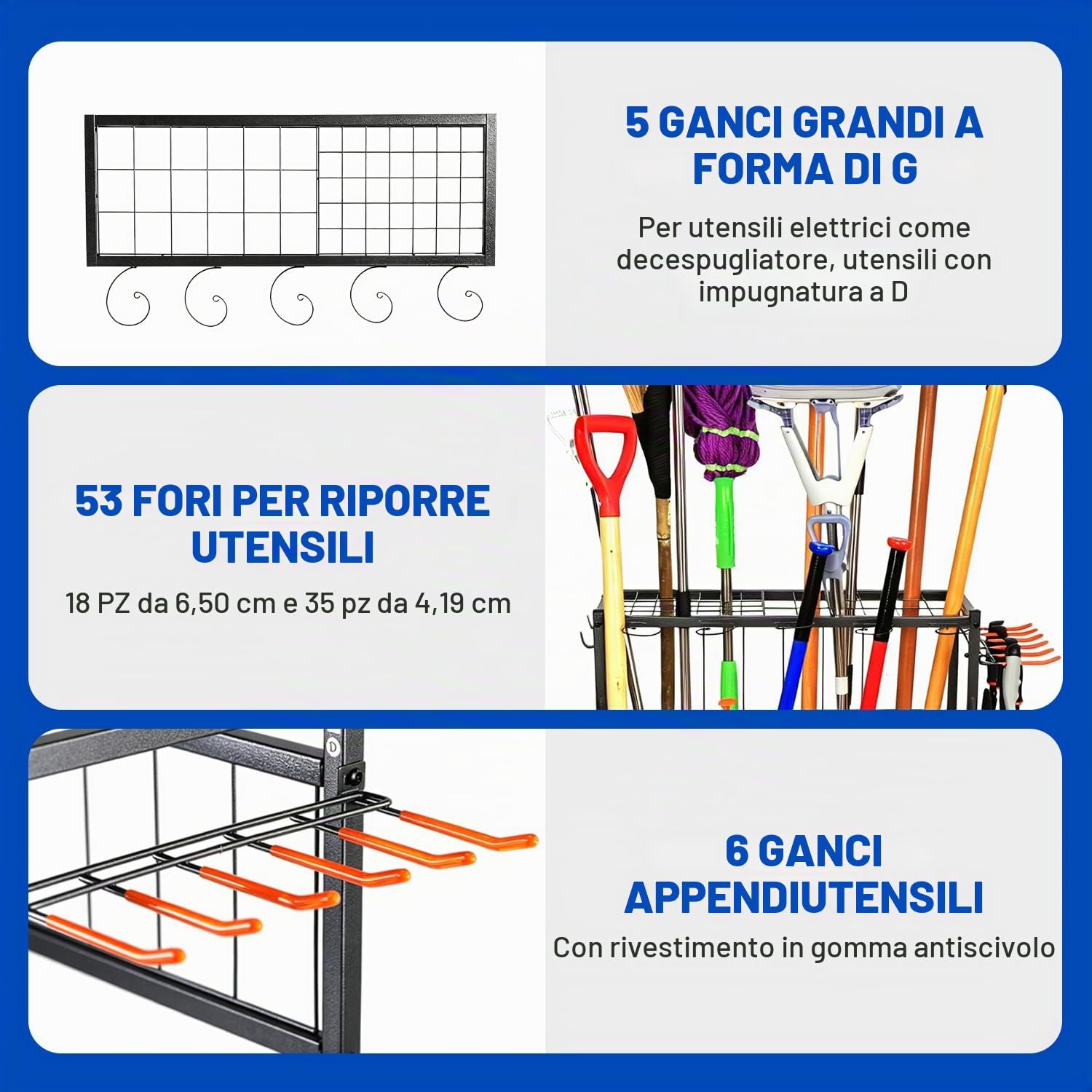 Sinoer Scaffale per attrezzi da giardino con ganci e ruote, organizer per garage, ripiani in metallo a 3 livelli, supporto per prato, capannone e cortile