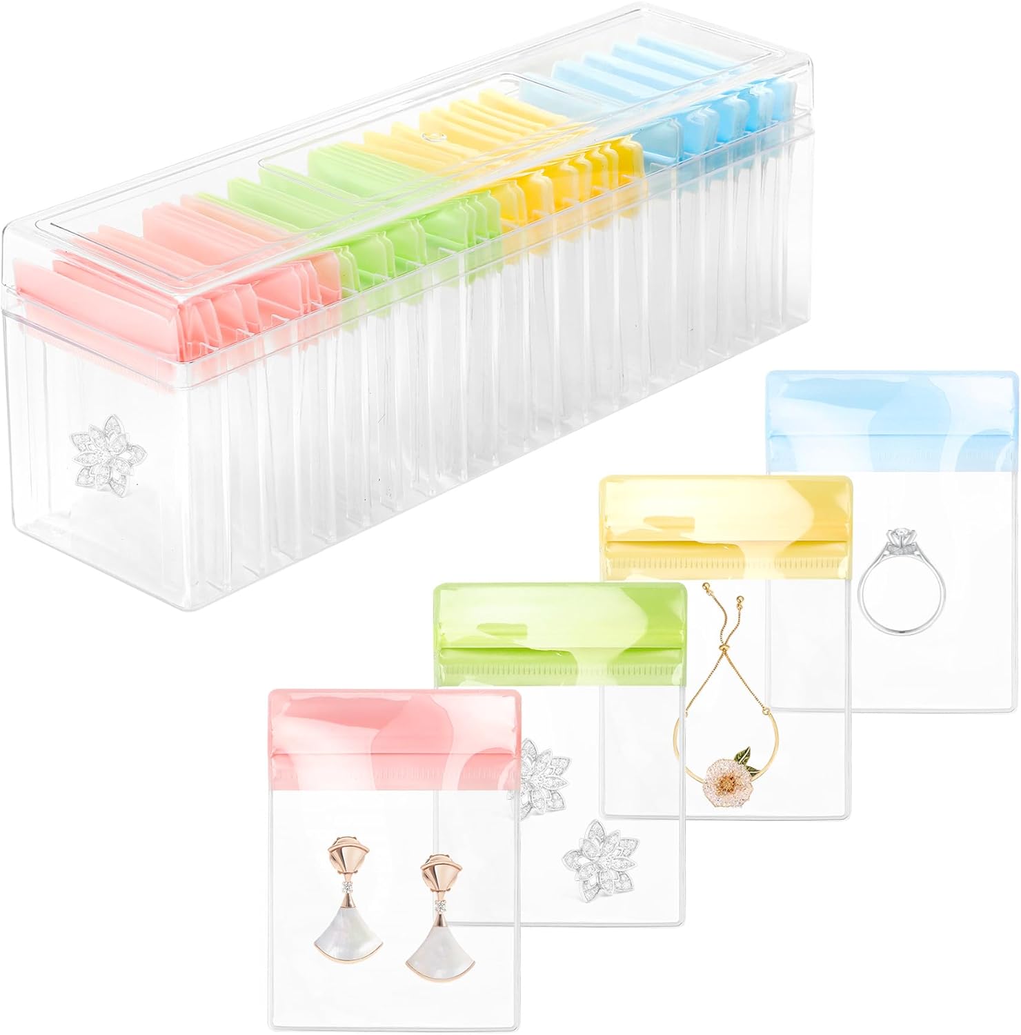 Acrylic Jewelry Box Organizer, Clear Jewelry Organizer Holder with 40pcs Portable Anti Tarnish Jewelry bags, Travel Jewelry Case for Earrings/Rings/Necklaces Gift for Women Girls (MIX COLOR)