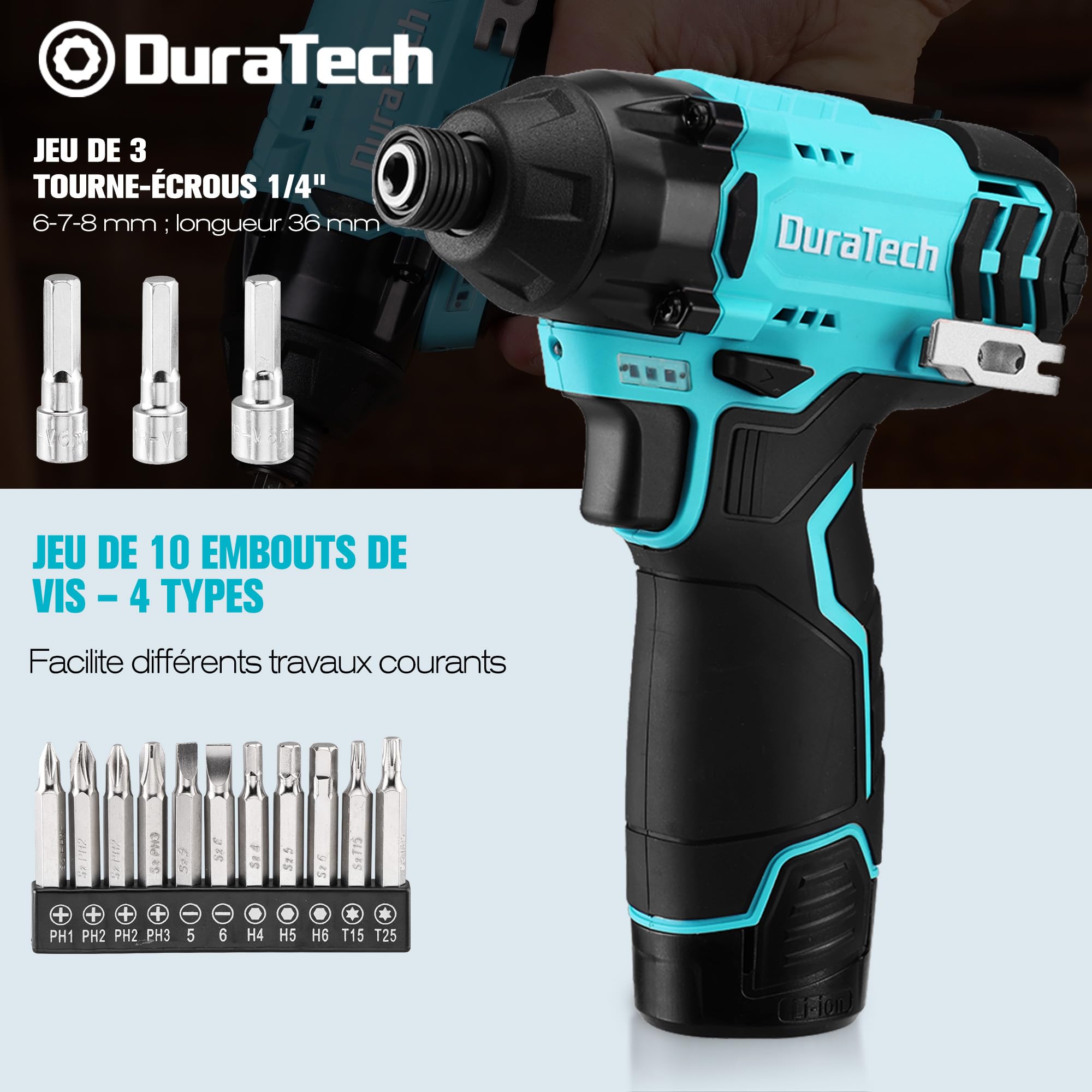 DURATECH Visseuse à Choc sans Fil 12 V 2,0 Ah 100 N.m 2400 tr/min Mandrin Rapide 6 mm