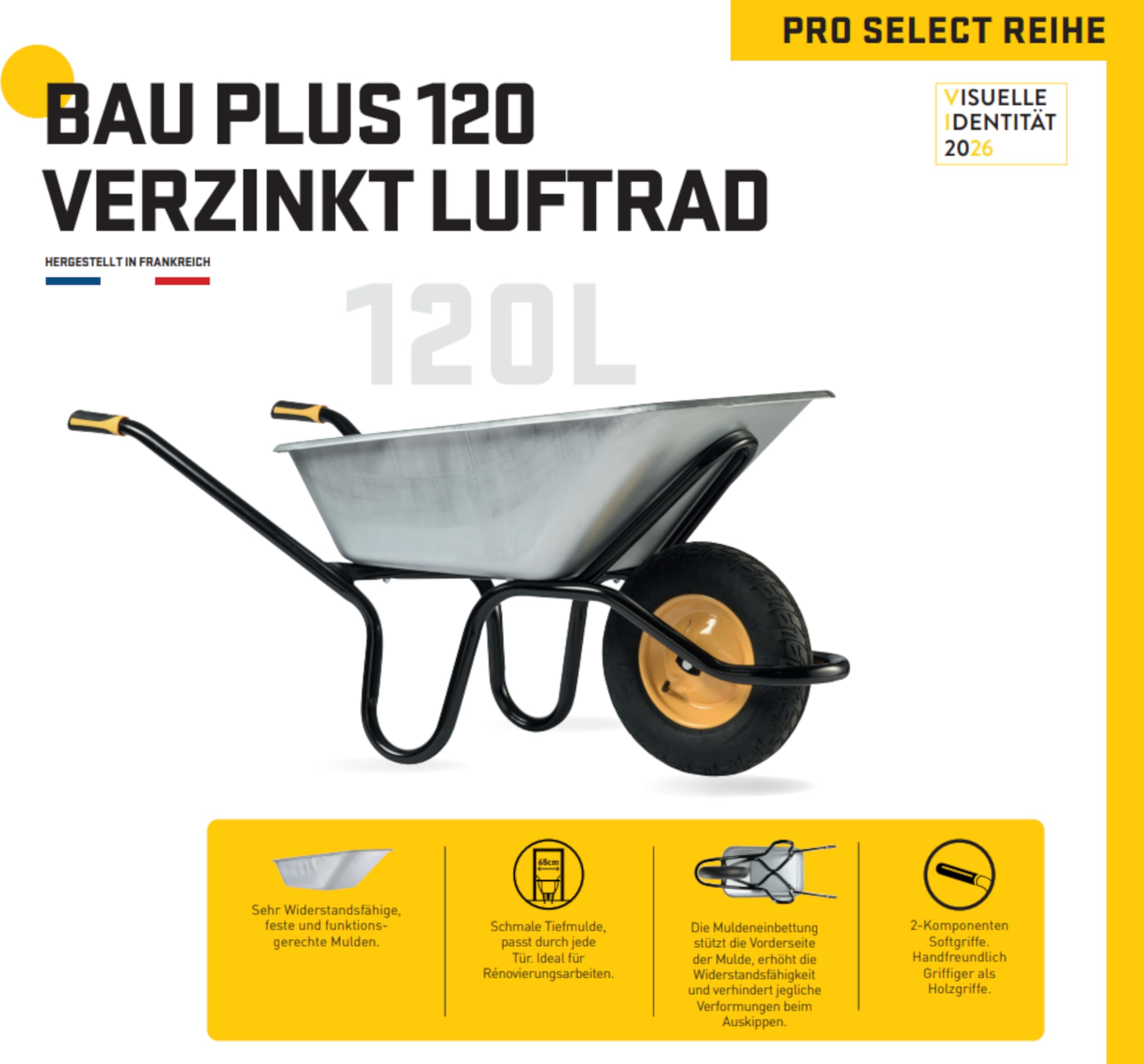 HAEMMERLIN BAU Plus 120 Profi Schubkarre 120L, verzinkt, 250kg Tragkraft, Bauschubkarre, kugelgelagertes Luftrad Ø 400 mm, Alpha-Stahlgestell, ergonomische Softgriffe