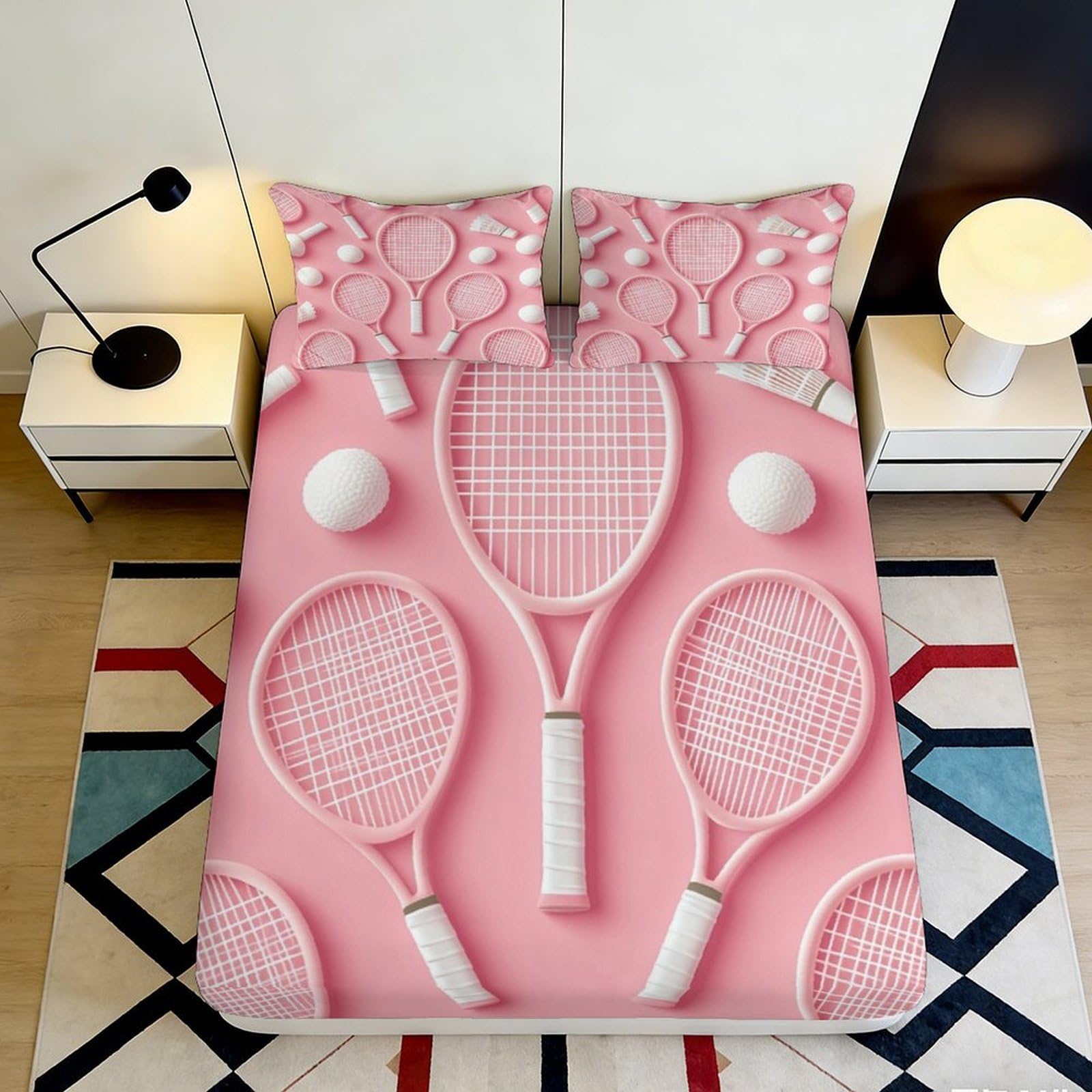 3D Printed Tennis Racket Fitted Sheet Microfiber Pink Sports Pattern Bed Cover Non-slip Easy Care for Bedroom Dorm 160x200x25cm