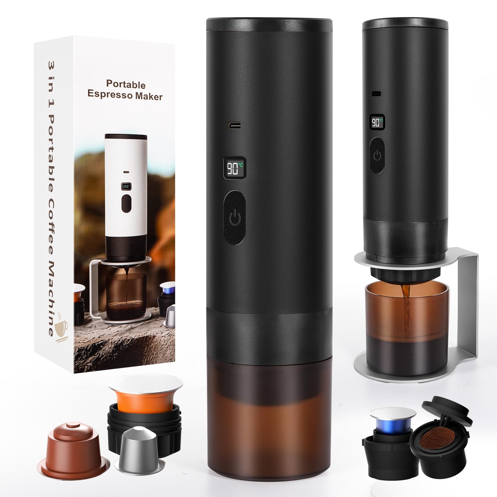 LAMA Machine à café portable, machine à expresso électrique avec Support, mini machine à capsules, compatible avec les capsules et le café moulu, chauffe instantanée, pour camping voyages, Noir