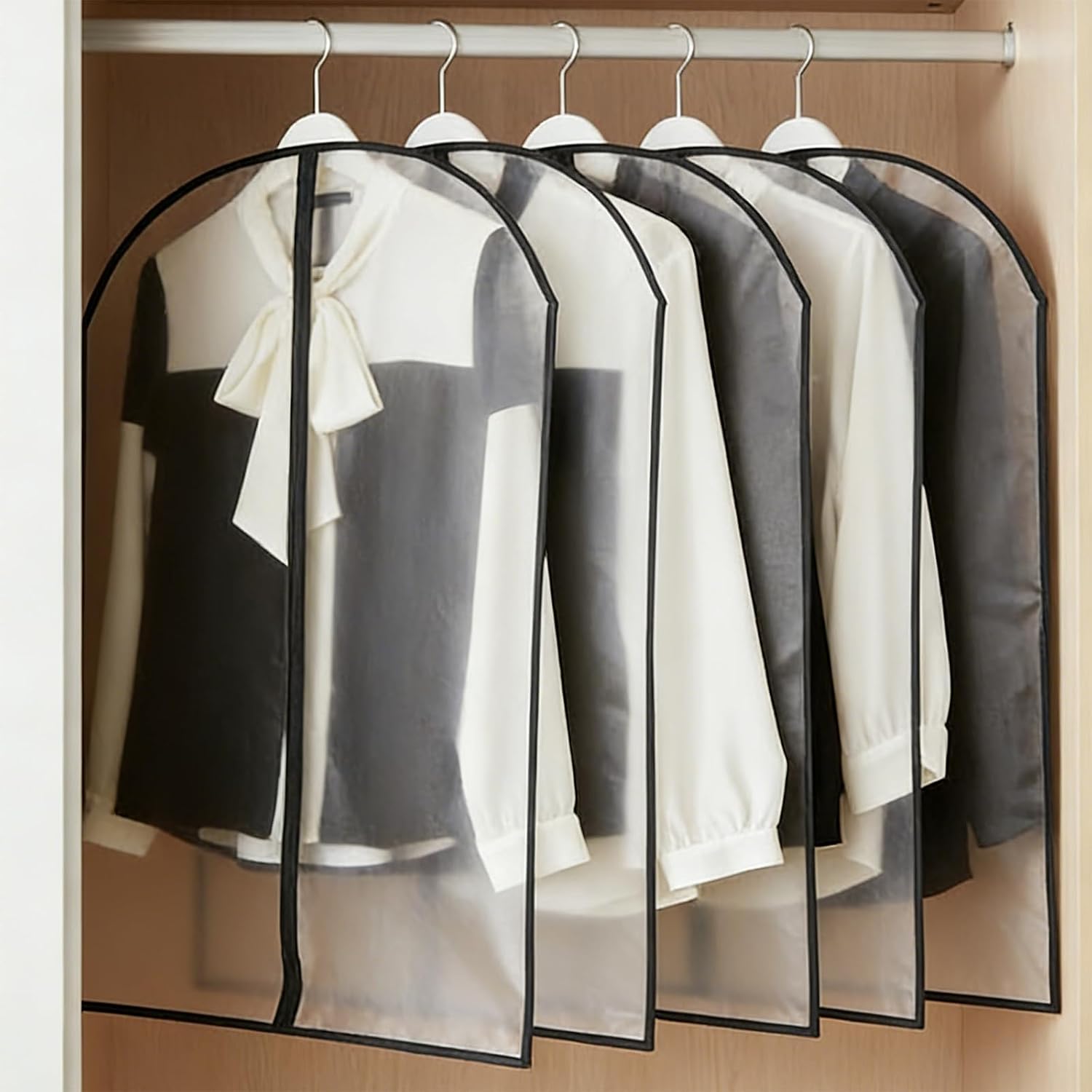 Garment Bags for Clothes Storage, 6-Pack, 24x40 Inch, Clear, 50gsm PE Material, Dustproof, Water-Resistant, with Black Zipper