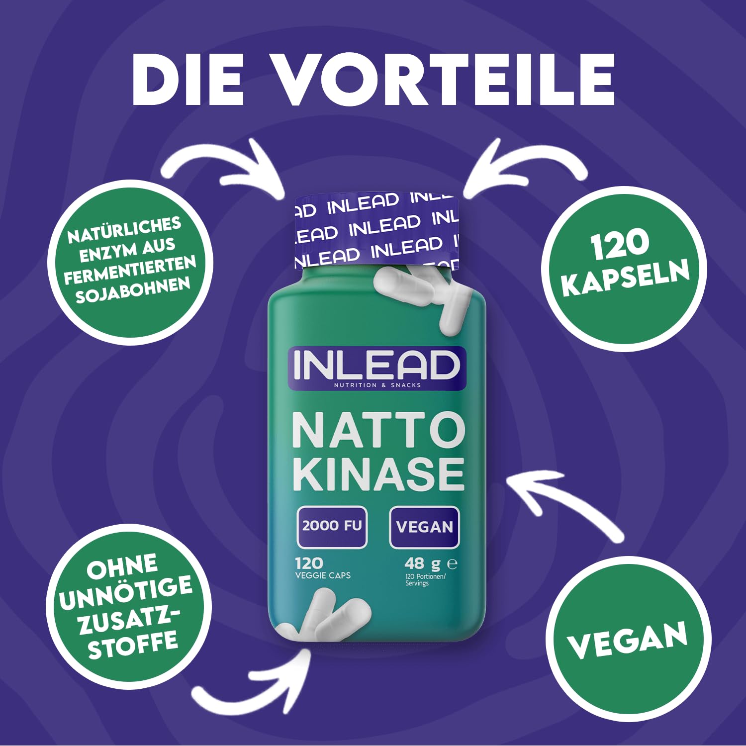 INLEAD - Nattokinase Kapseln | Unterstützung für einen optimalen Blutfluss und Kreislauf - 120 Kapseln