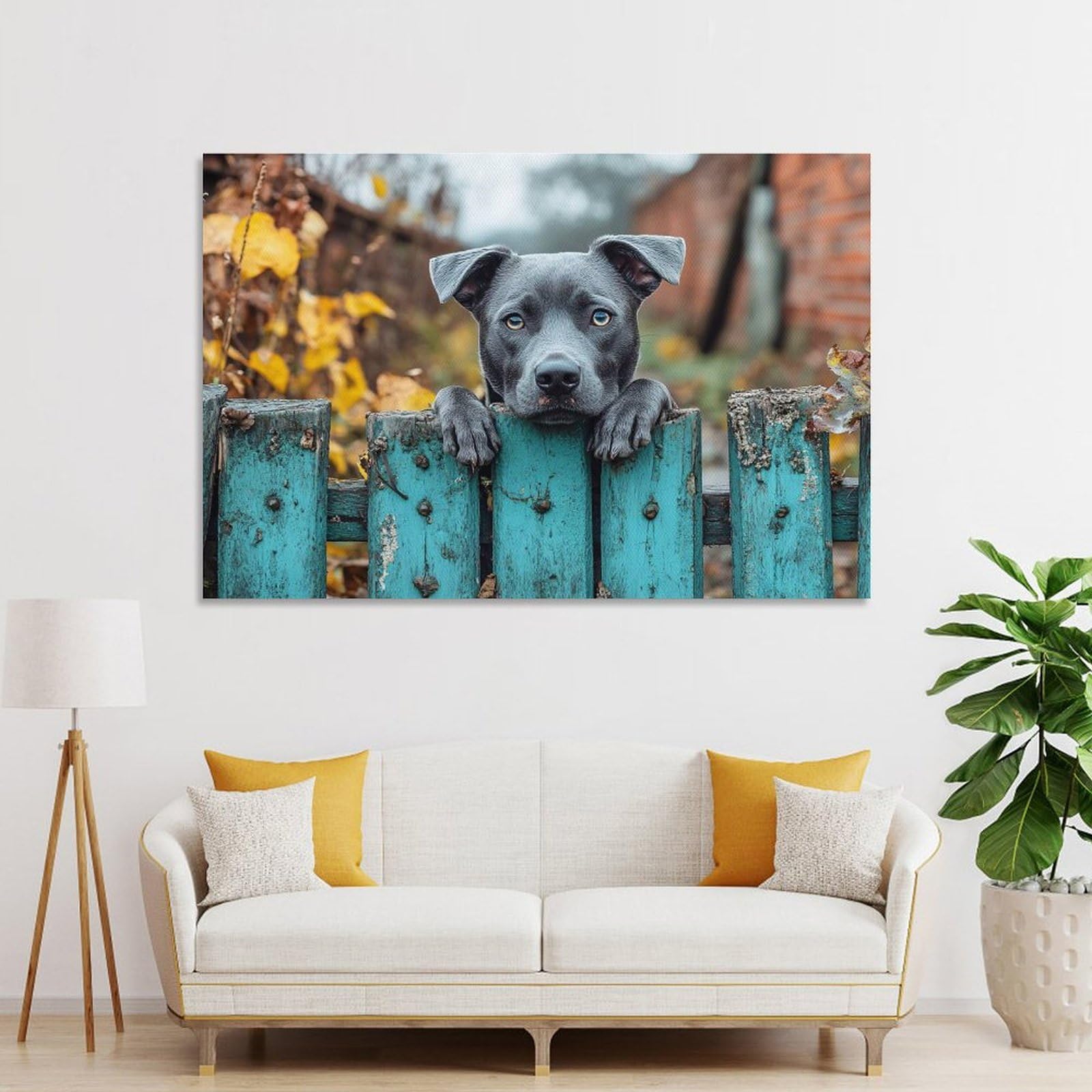 Junmoney Dog Peering over A Blue Fence Canvas Wall Art 08x12inch(20x30cm), for Wall Displays, Bedrooms Or Room Updates, Ideal for Building A Coordinated Art Wall