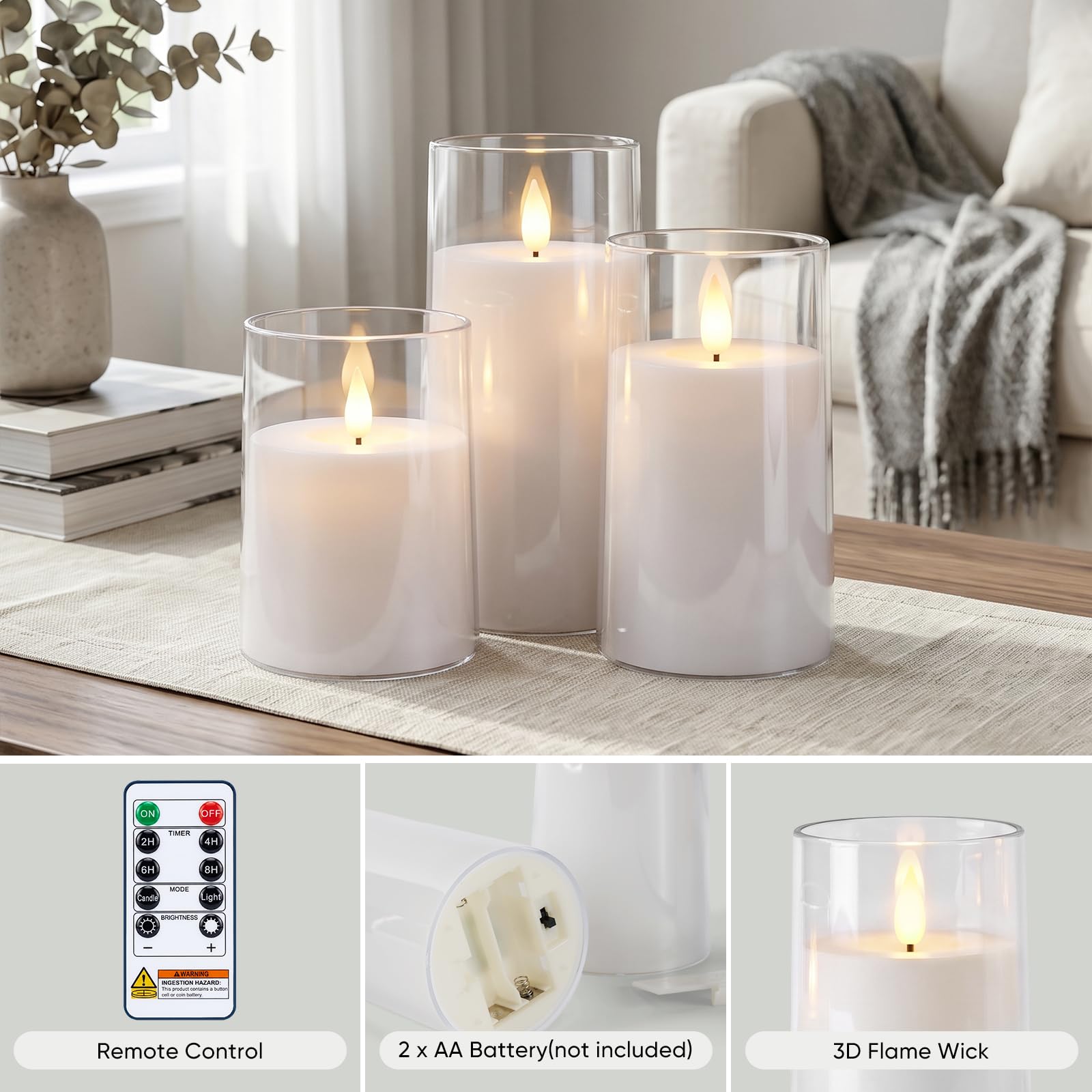 AMAGIC Candele senza fiamma tremolanti in acrilico bianco, candele a LED, candele a batteria, con telecomando e timer, candele elettriche finte, pilastro, decorazione per la casa, set di 3