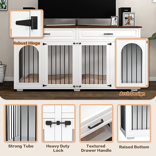 Miniatura 16 de Mueble grande para perrera para 2 perros, 74.8 pulgadas, XXL de madera doble para perros, estilo de muebles con divisor para razas grandes
