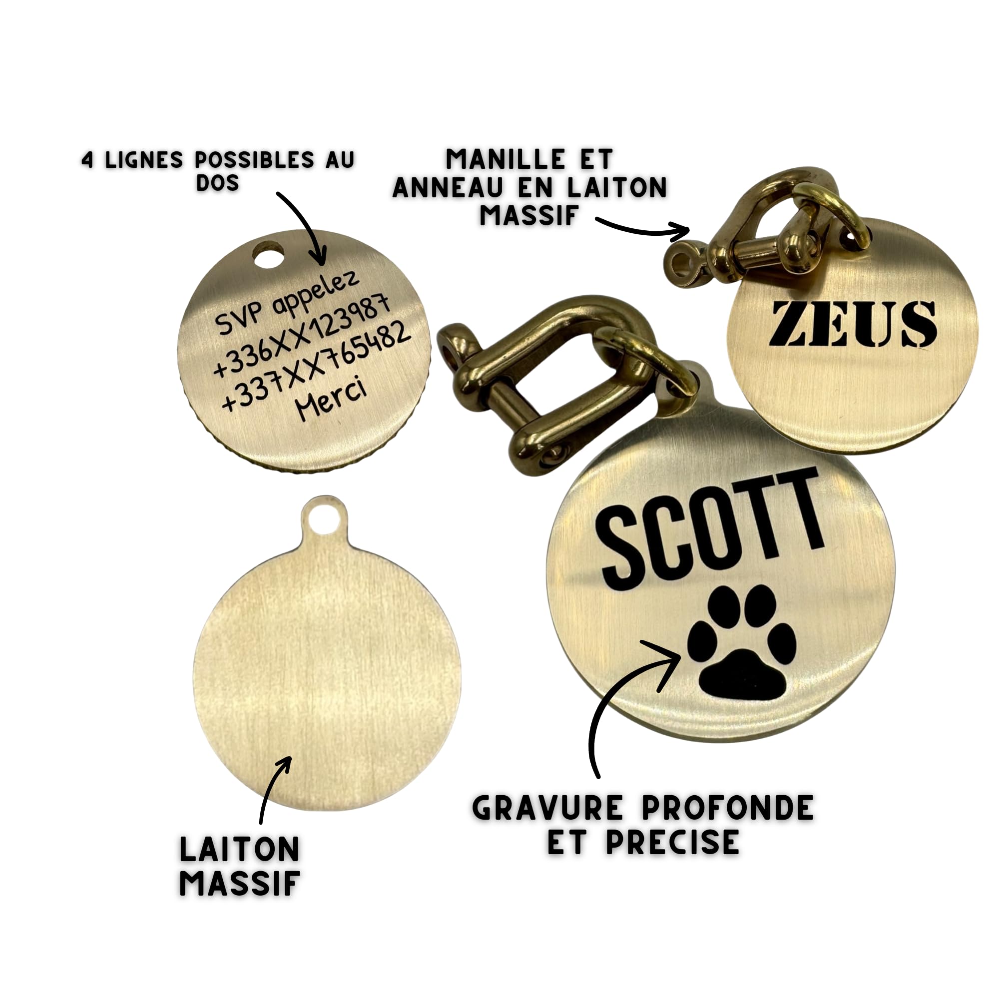 Masterpiece grand chien en laiton massif, médaille gravée, Etiquette d'identification personnalisable, épais médaillon gravé, médaille grande taille (30mm percée)