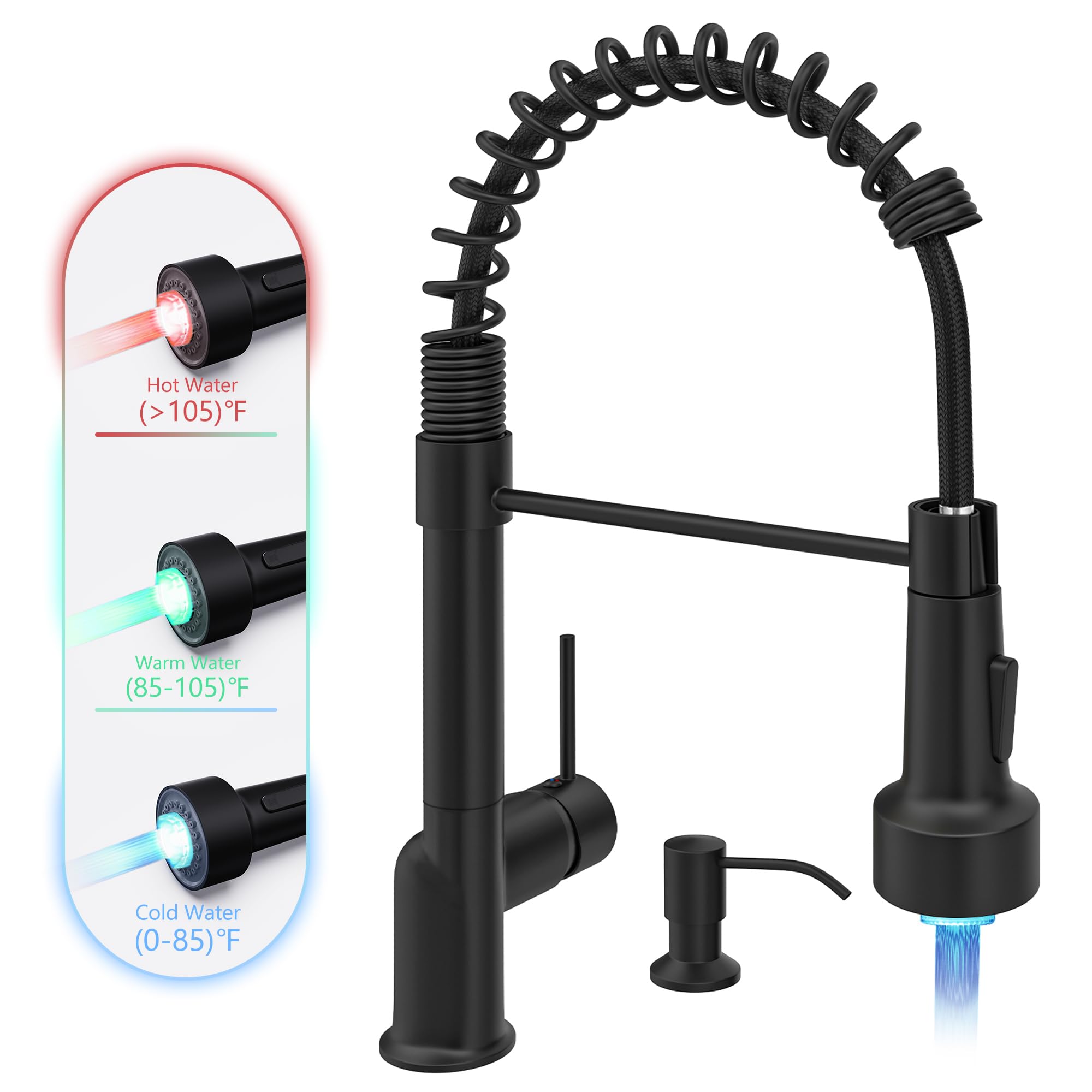 GIMILI Matte Black Kitchen Faucet with Pull Down Sprayer with Soap Dispenser Single Handle LED Kitchen Sink Faucet