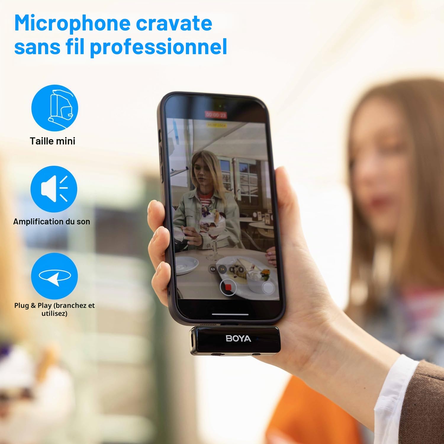 Boya BOYALINK A2 Microphone cravate sans fil pour iPhone/Android/appareil photo Vlogging, système tout-en-un double micro et entrées Lightning et USB-C pour smartphones/DSLR YouTube Facebook Live (A2)