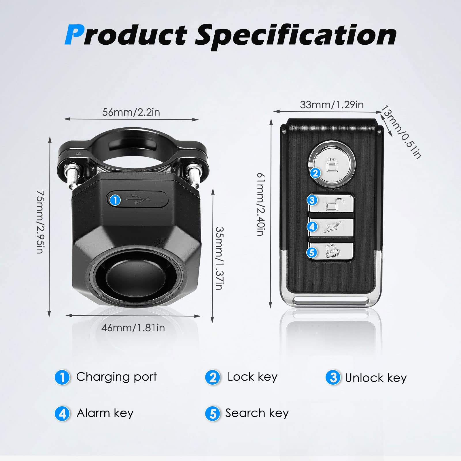 Towwoo Allarme per Bici Con Telecomando - 110 dB Intelligente Senza Fili, Ricaricabile USB Con Sensore Antifurto, 7 Livelli di Sensibilità Regolabili per Bici/Moto/Scooter/Auto