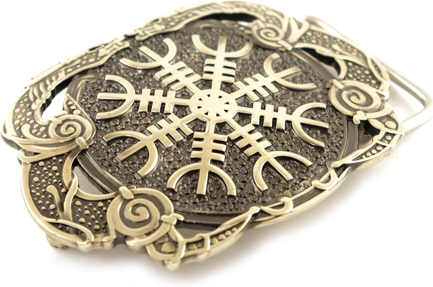 Helm of Awe German silver belt buckle, Viking Helm of Terror Old Norse Scandinavian Pagan solid nickel silver belt buckle, Aegishjalmur with dragons buckle